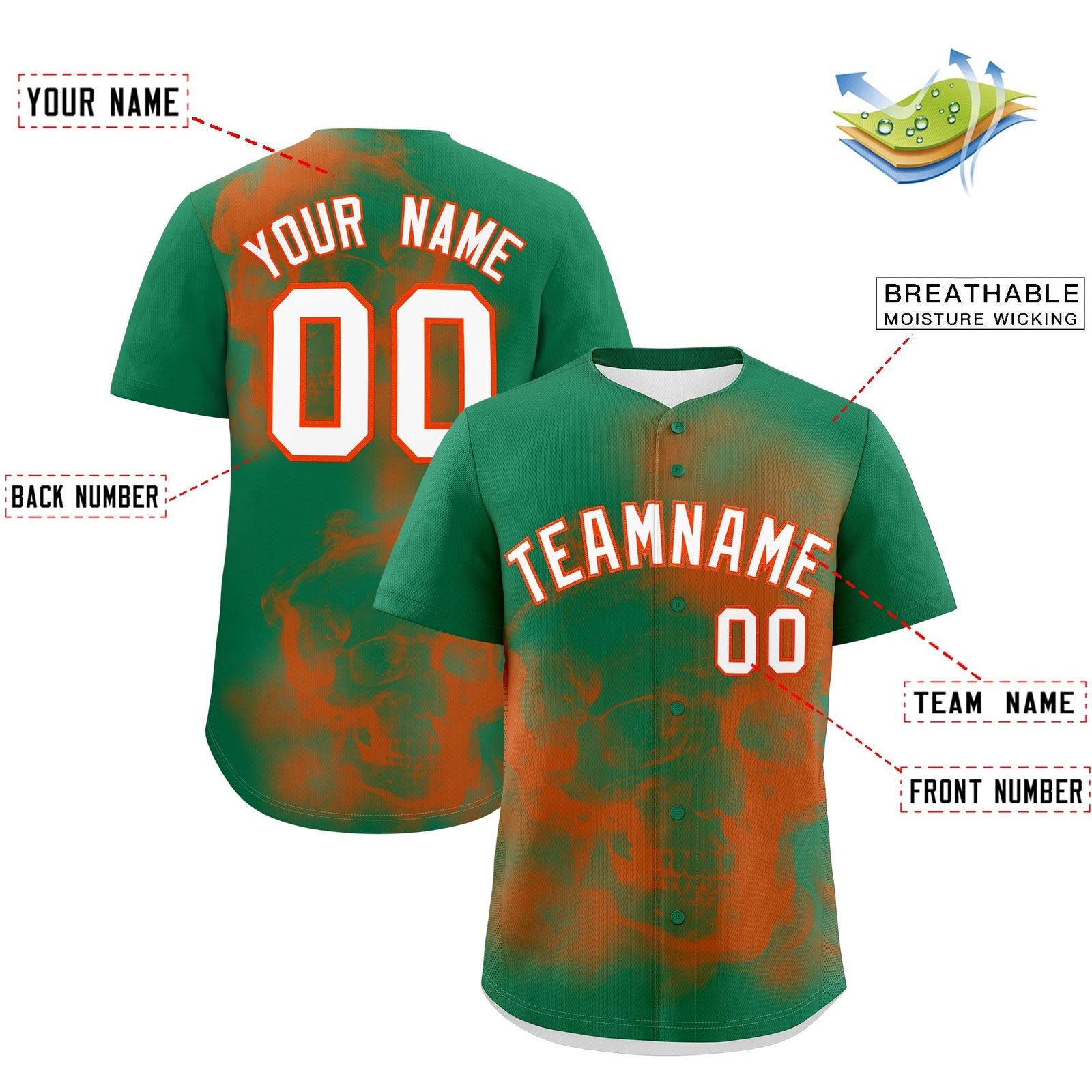 Custom Kelly Green Orange White skeleton Graffiti Pattern Lightweight Baseball Jersey| KXKSHOP