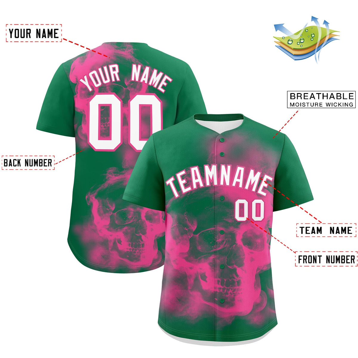 Custom Kelly Green Pink White skeleton Graffiti Pattern Quick Dry Baseball Jersey| KXKSHOP