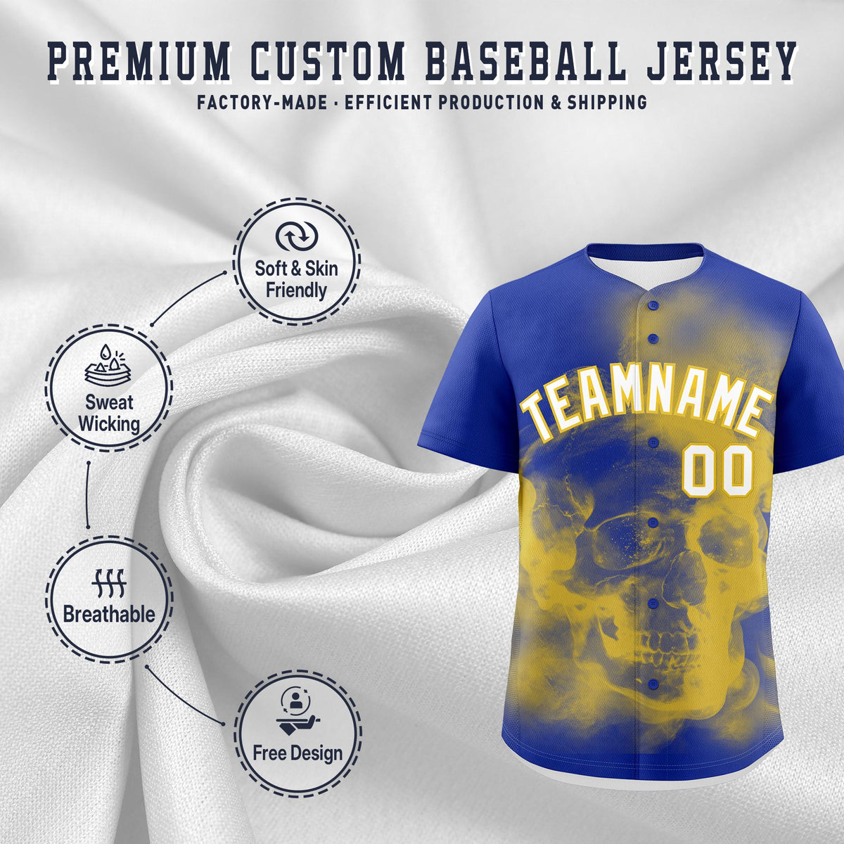 Custom Royal Blue Gold White skeleton Graffiti Pattern Lightweight Baseball Jersey| KXKSHOP
