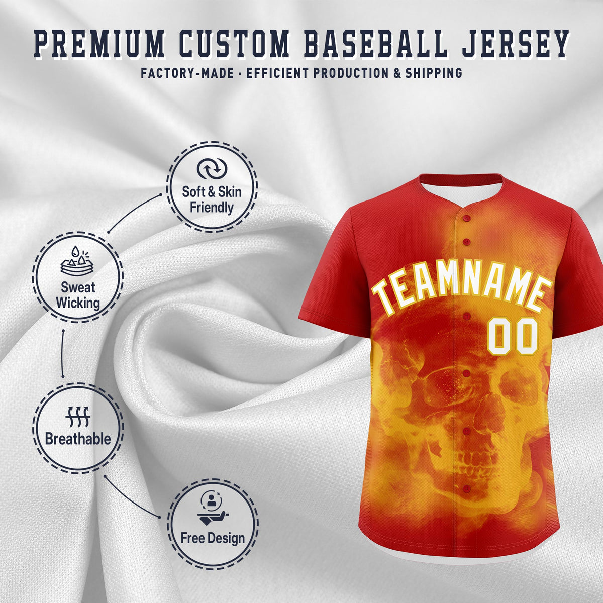 Custom Red Gold White skeleton Graffiti Pattern Quick Dry Baseball Jersey| KXKSHOP