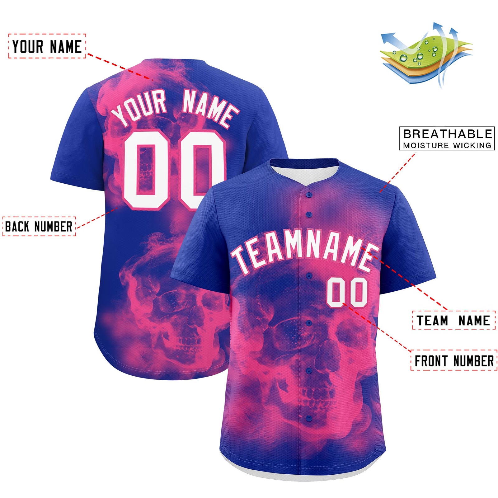 Custom Royal Blue Pink White skeleton Graffiti Pattern Lightweight Baseball Jersey| KXKSHOP
