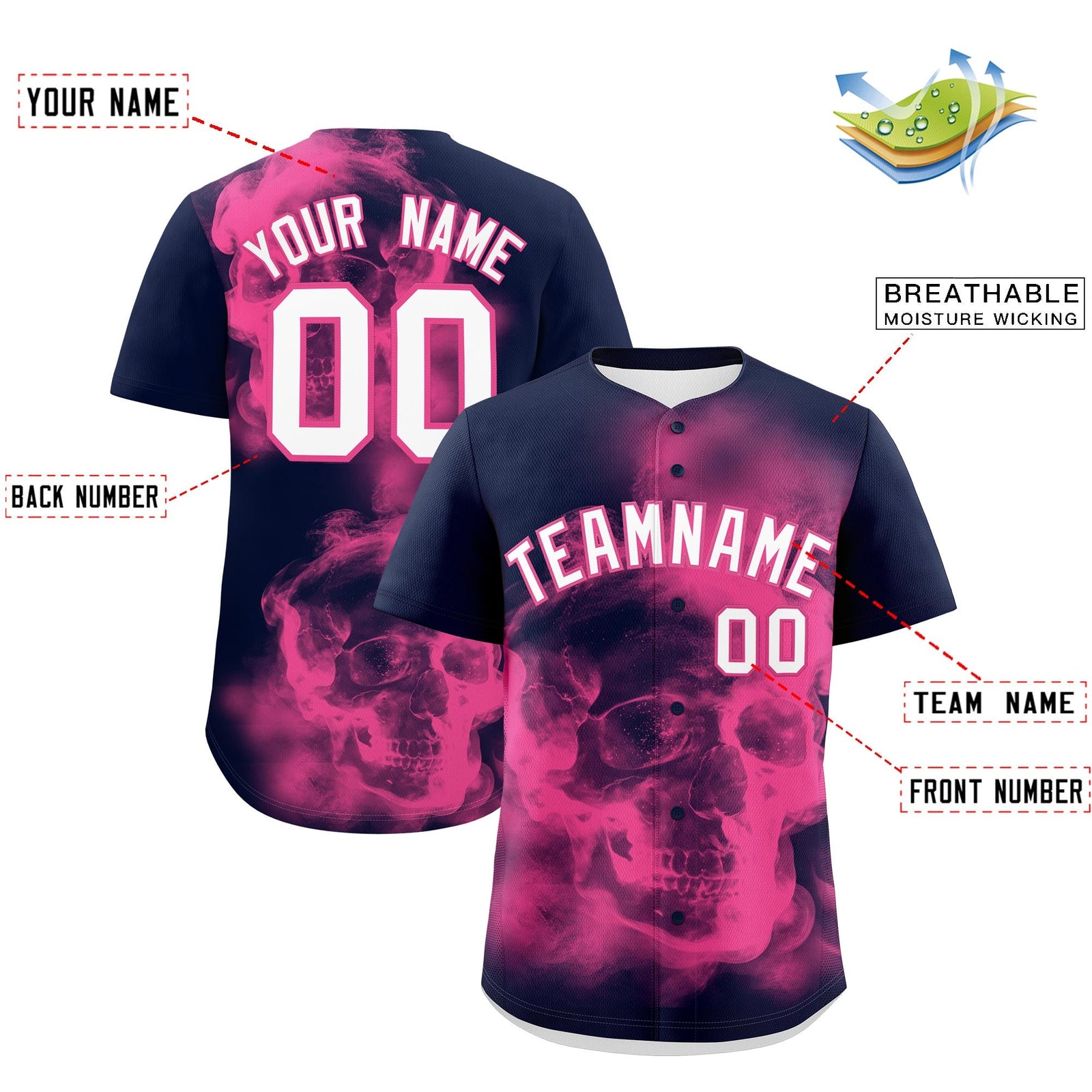 Custom Navy Pink White skeleton Graffiti Pattern Quick Dry Baseball Jersey| KXKSHOP