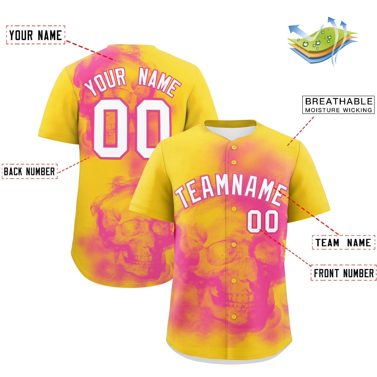 Custom Gold Pink White skeleton Graffiti Pattern Lightweight Baseball Jersey| KXKSHOP