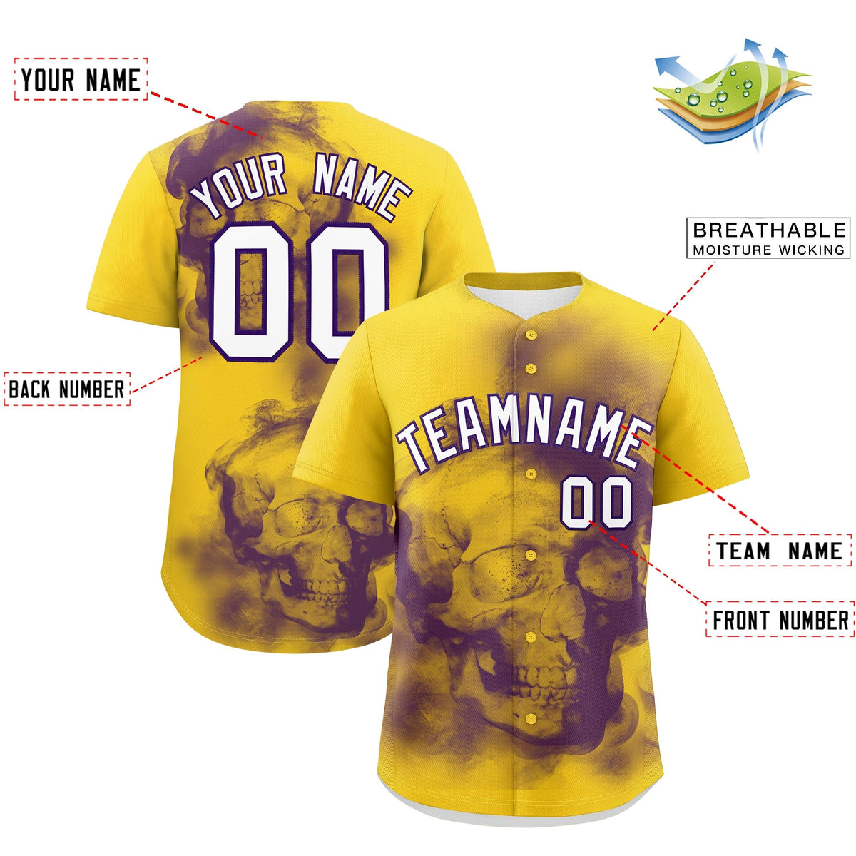 Custom Gold Purple White skeleton Graffiti Pattern Quick Dry Baseball Jersey| KXKSHOP