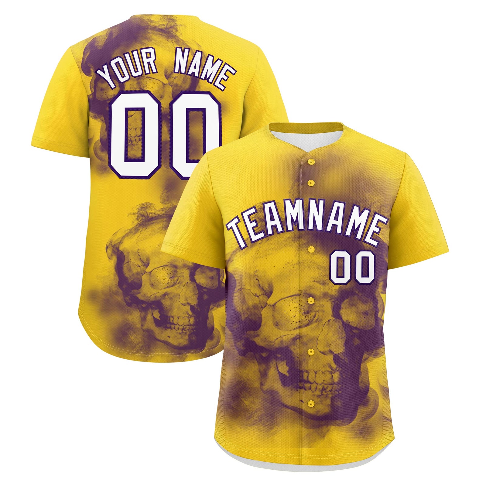 Custom Gold Purple White skeleton Graffiti Pattern Quick Dry Baseball Jersey| KXKSHOP