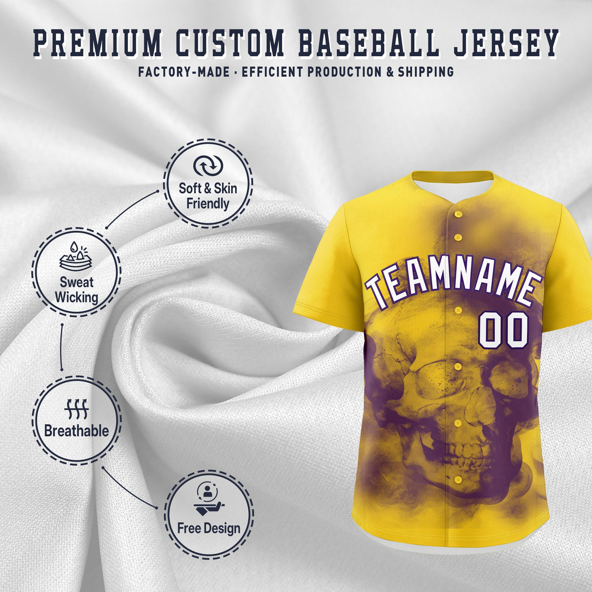 Custom Gold Purple White skeleton Graffiti Pattern Quick Dry Baseball Jersey| KXKSHOP