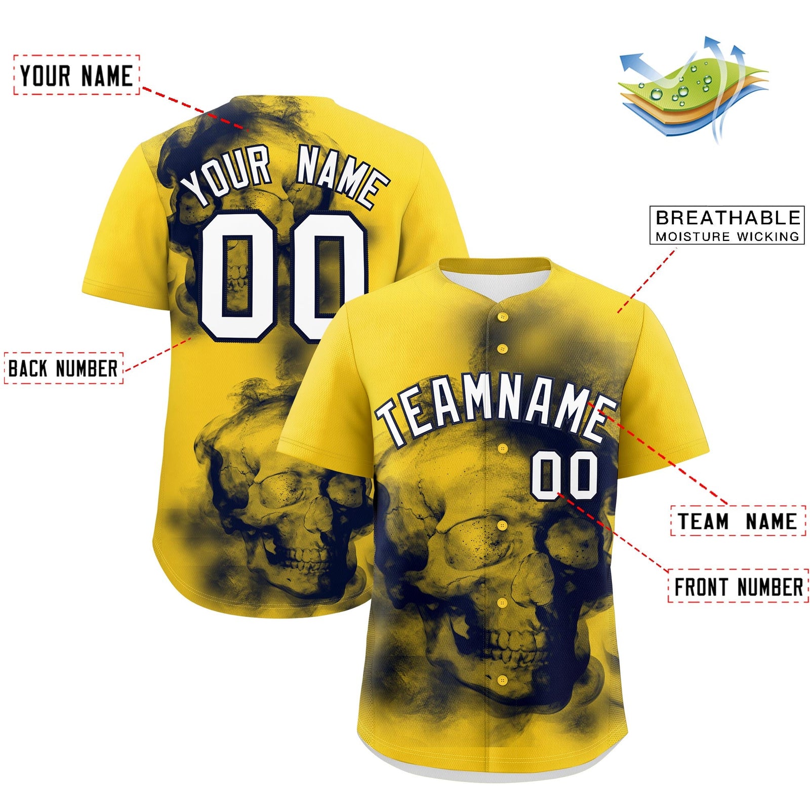 Custom Gold Navy White skeleton Graffiti Pattern Quick Dry Baseball Jersey| KXKSHOP