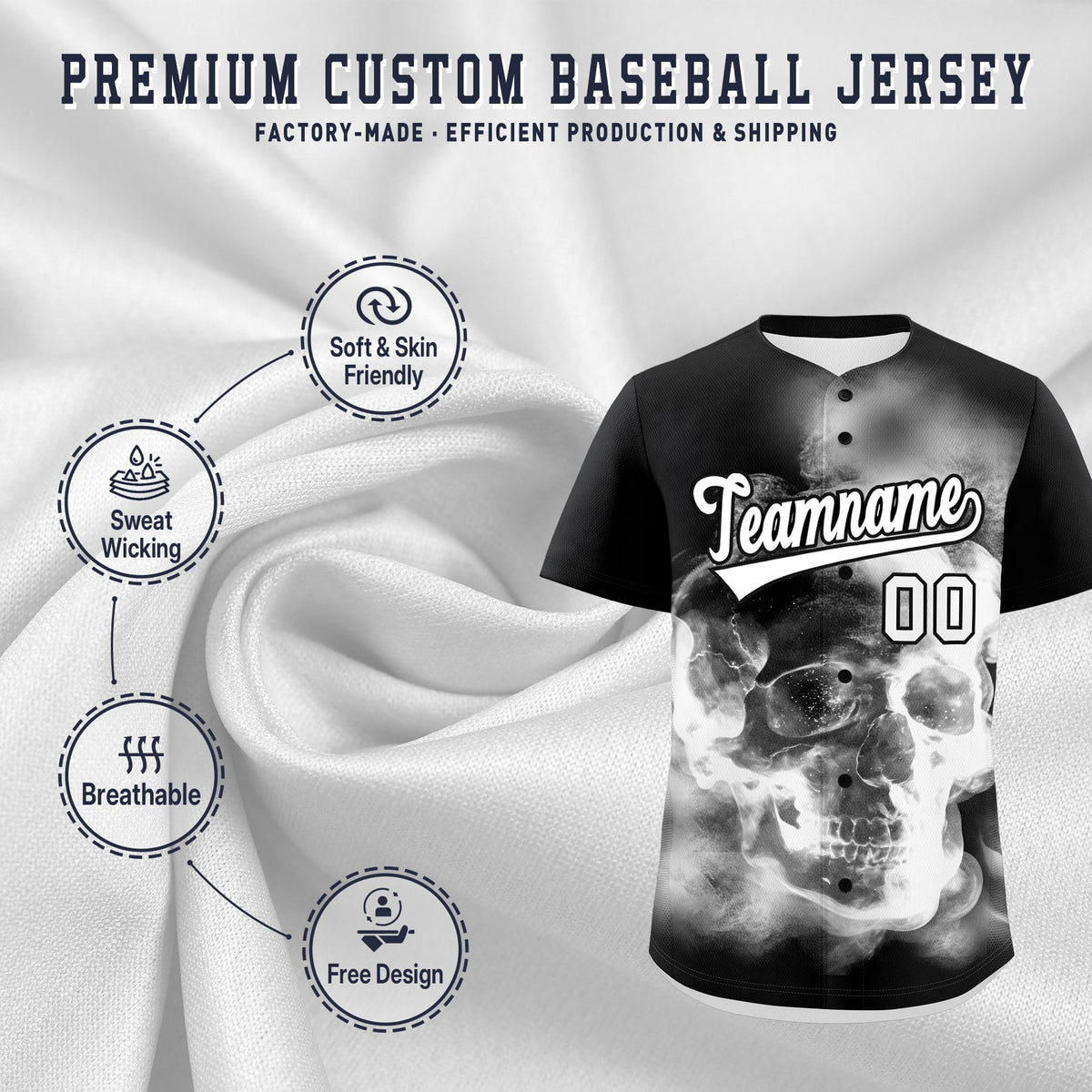 Custom Black White skeleton Graffiti Pattern Lightweight Baseball Jersey| KXKSHOP