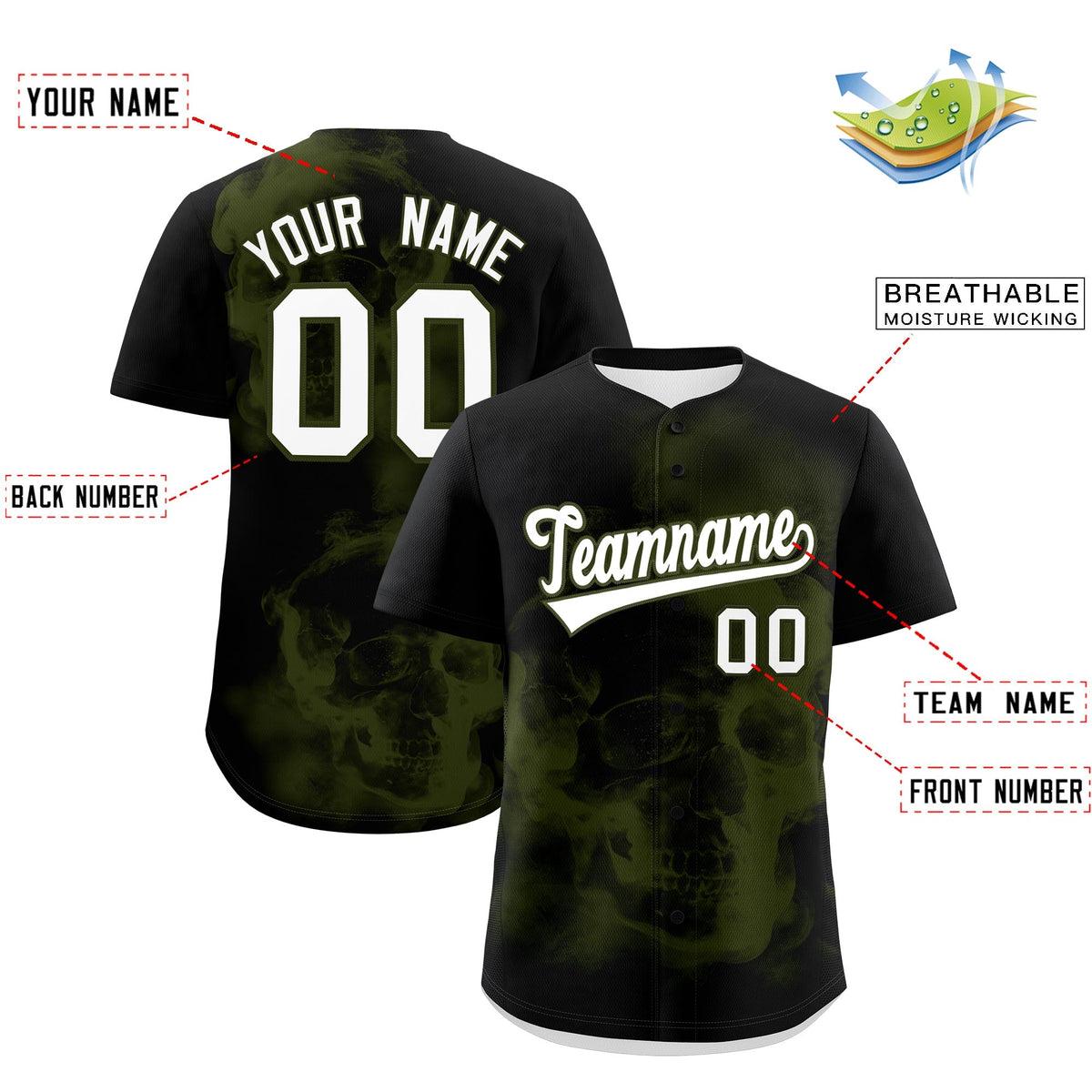 Custom Black Olive White skeleton Graffiti Pattern Lightweight Baseball Jersey| KXKSHOP