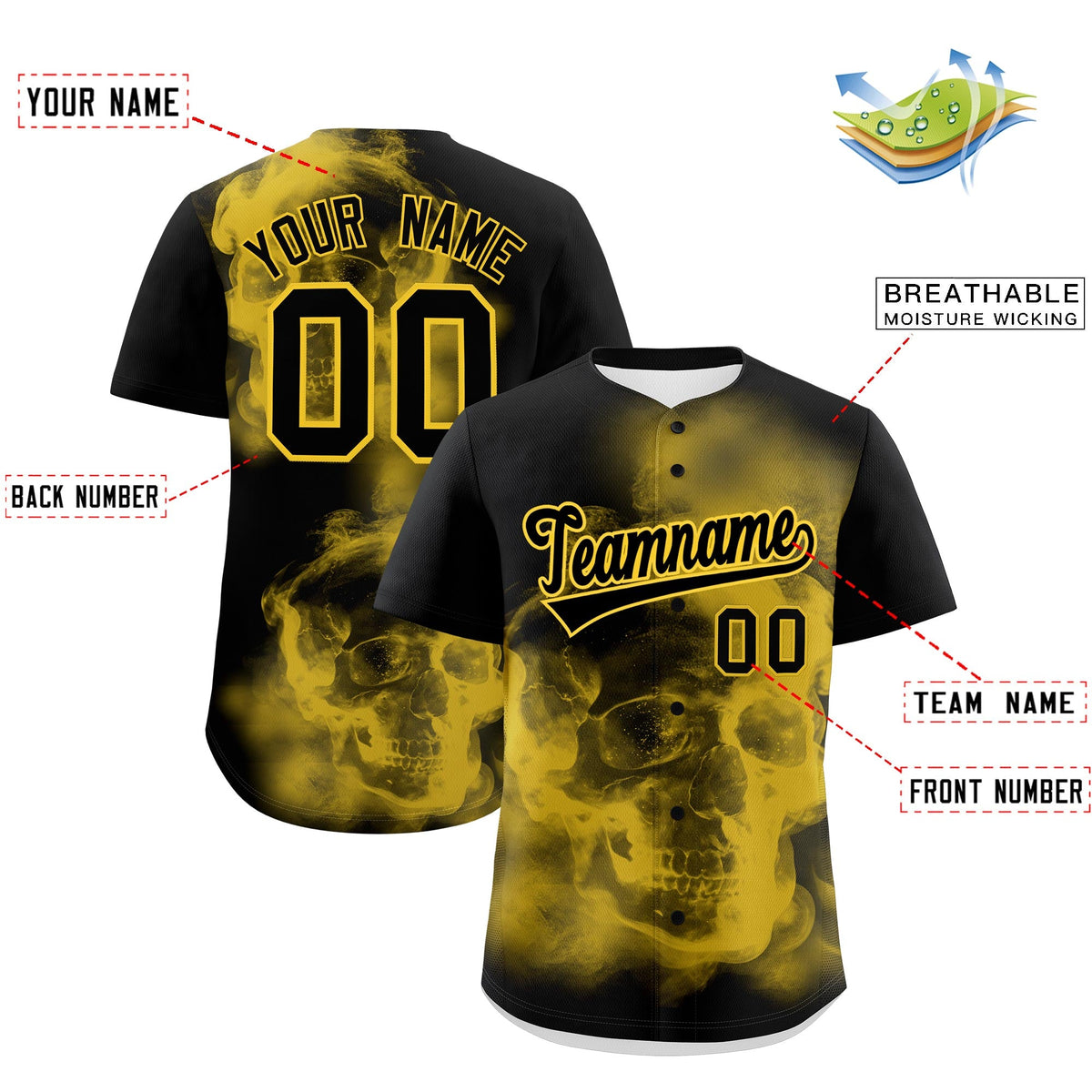 Custom Black Gold skeleton Graffiti Pattern Lightweight Baseball Jersey| KXKSHOP