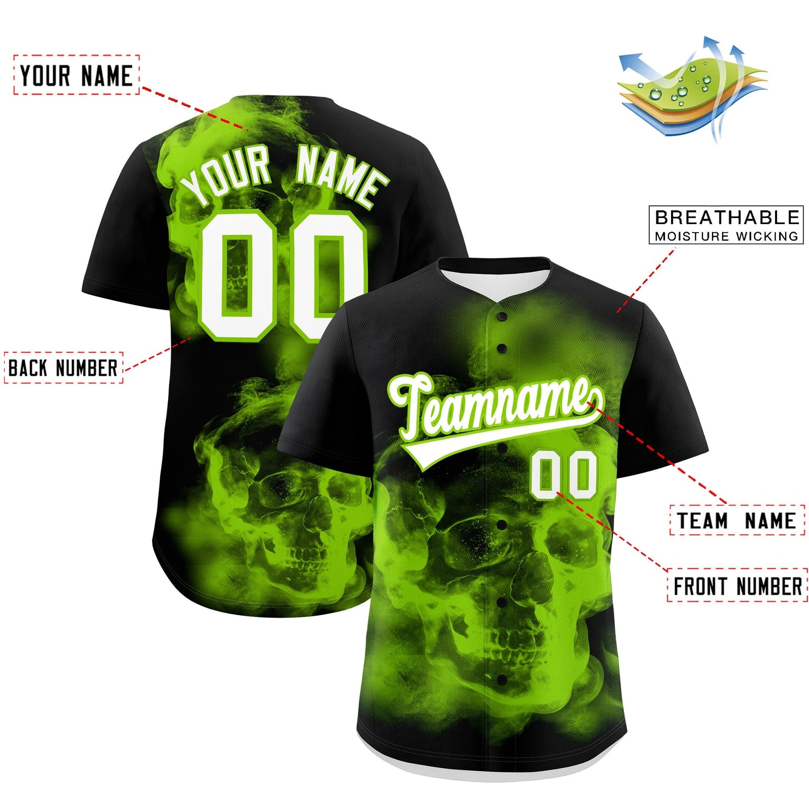 Custom Black Neon Green White skeleton Graffiti Pattern Lightweight Baseball Jersey| KXKSHOP