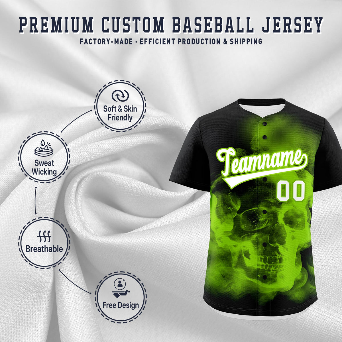 Custom Black Neon Green White skeleton Graffiti Pattern Lightweight Baseball Jersey| KXKSHOP