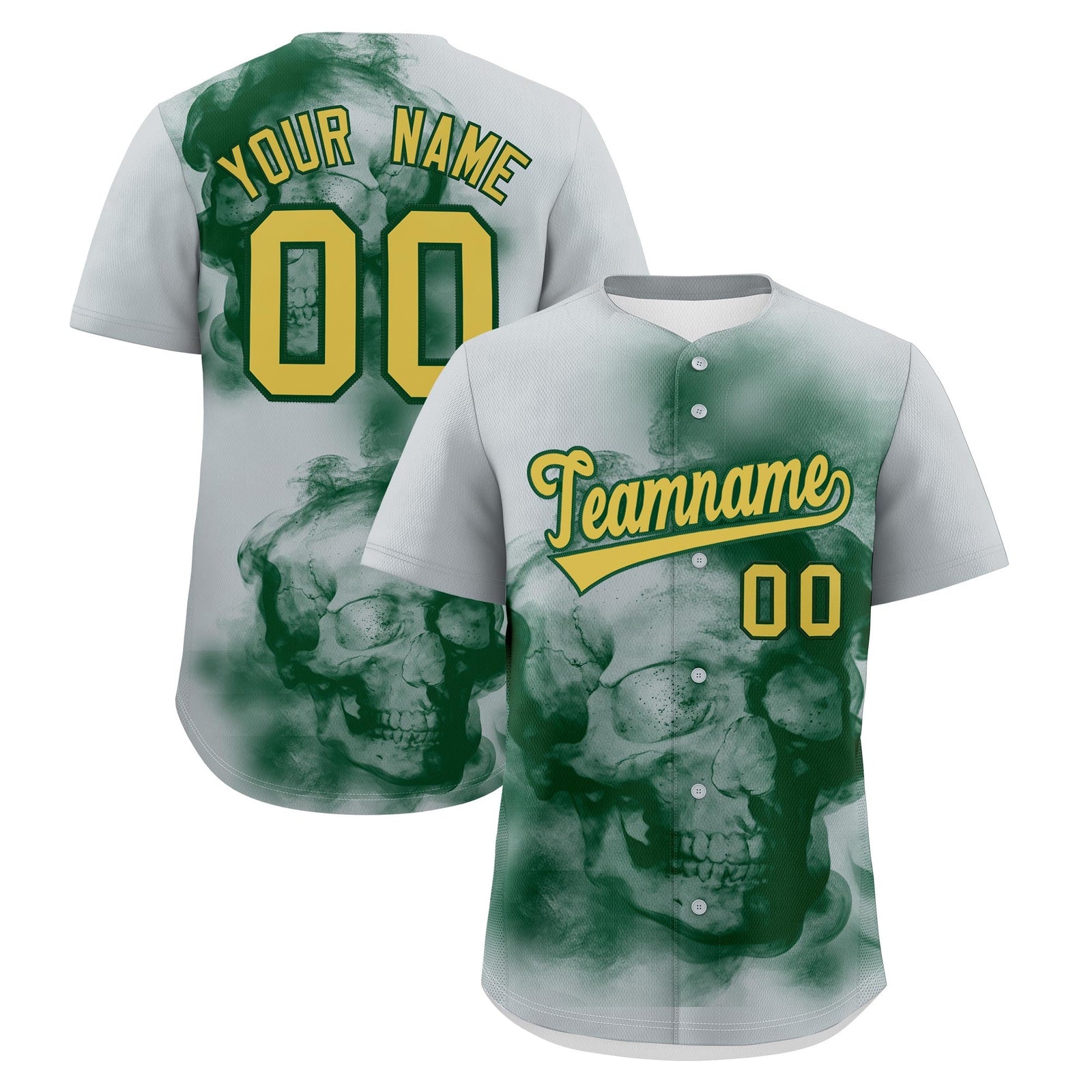 Custom Silver Dark Green Old Gold skeleton Graffiti Pattern Quick Dry Baseball Jersey| KXKSHOP