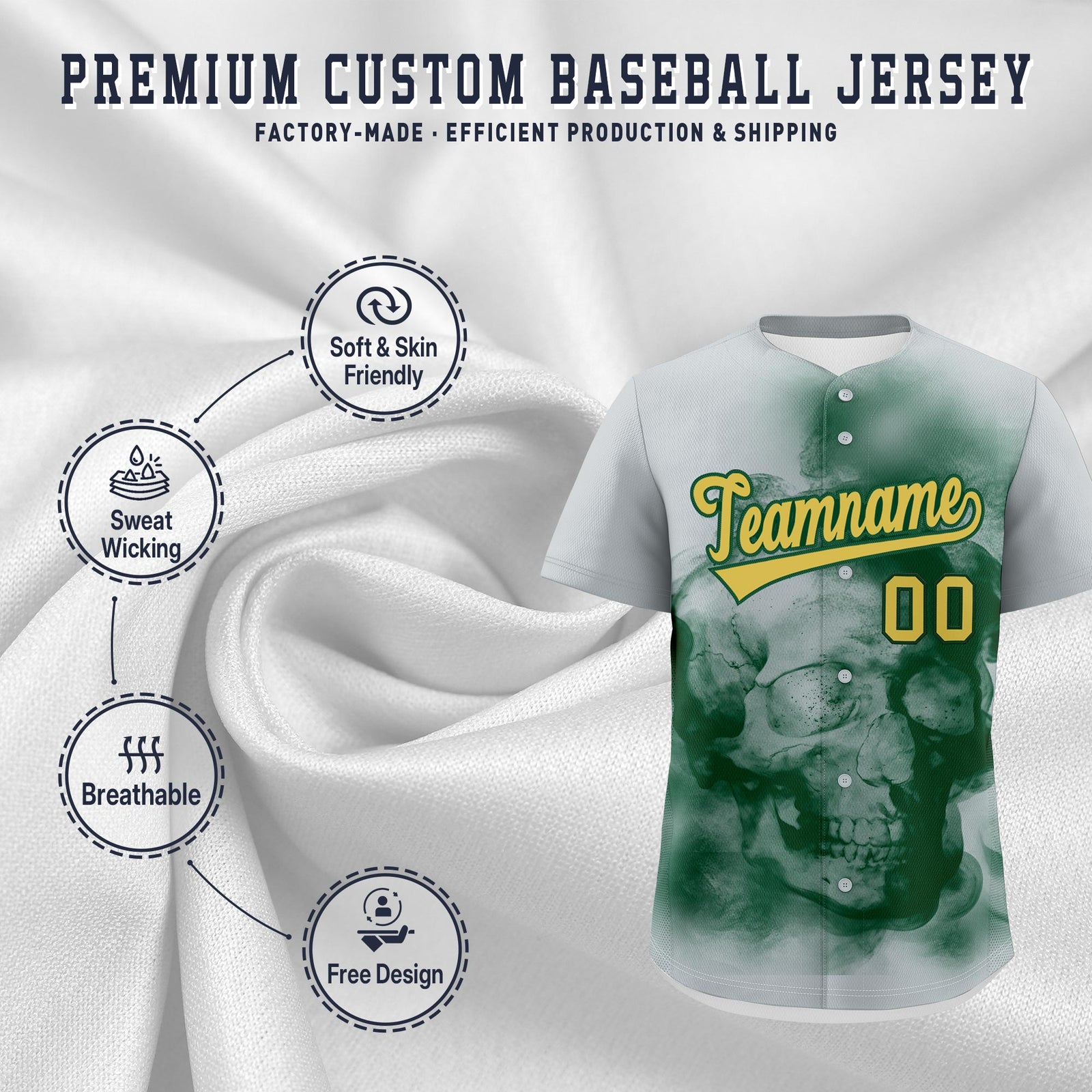 Custom Silver Dark Green Old Gold skeleton Graffiti Pattern Quick Dry Baseball Jersey| KXKSHOP