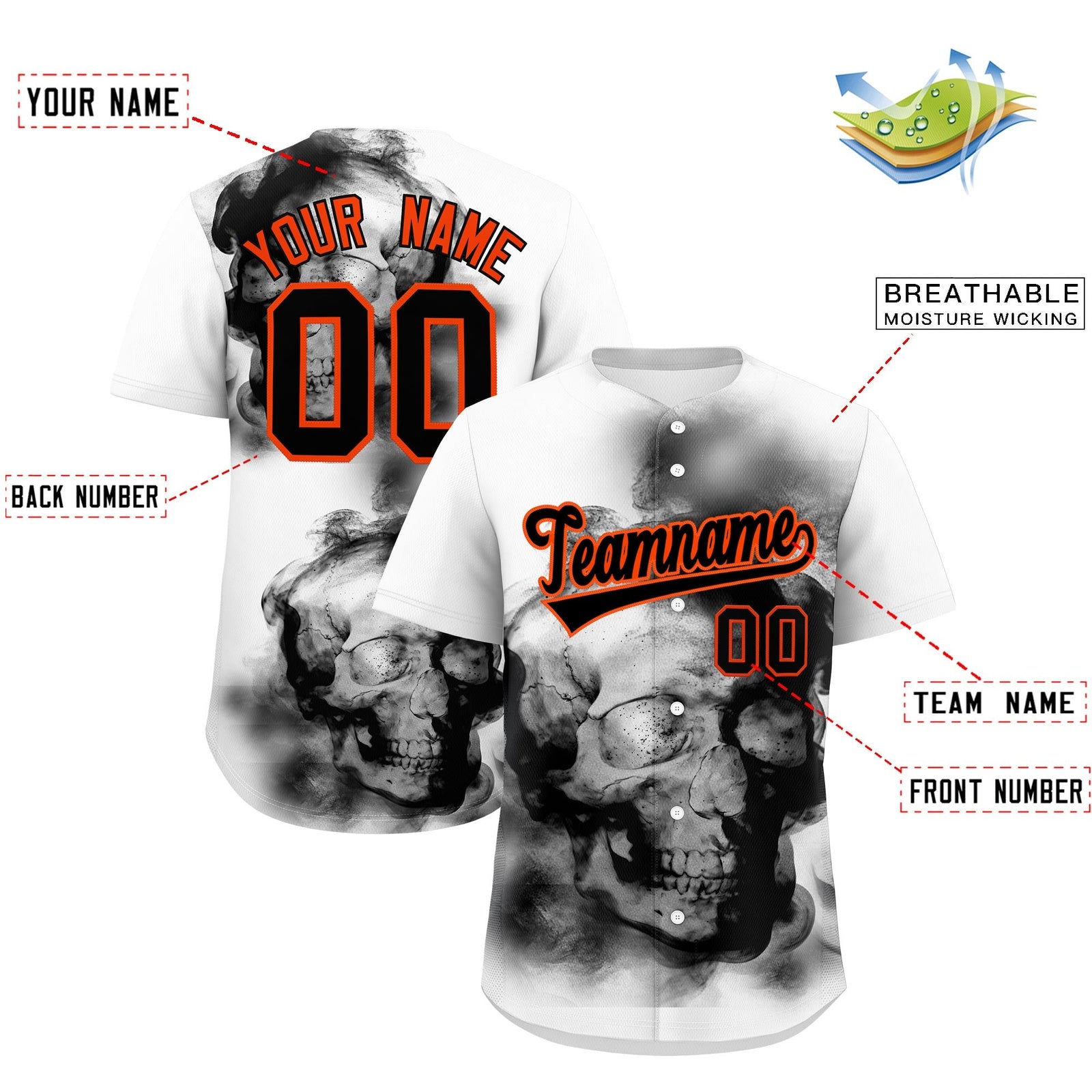Custom White Black Orange skeleton Graffiti Pattern Quick Dry Baseball Jersey| KXKSHOP