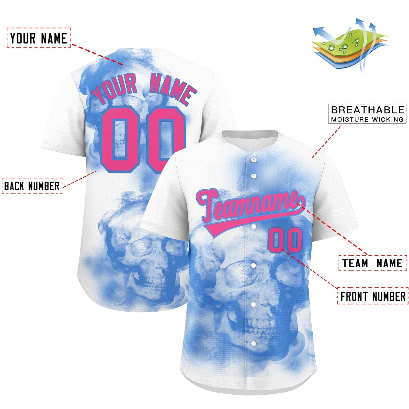 Custom White Powder Blue Pink skeleton Graffiti Pattern Quick Dry Baseball Jersey| KXKSHOP