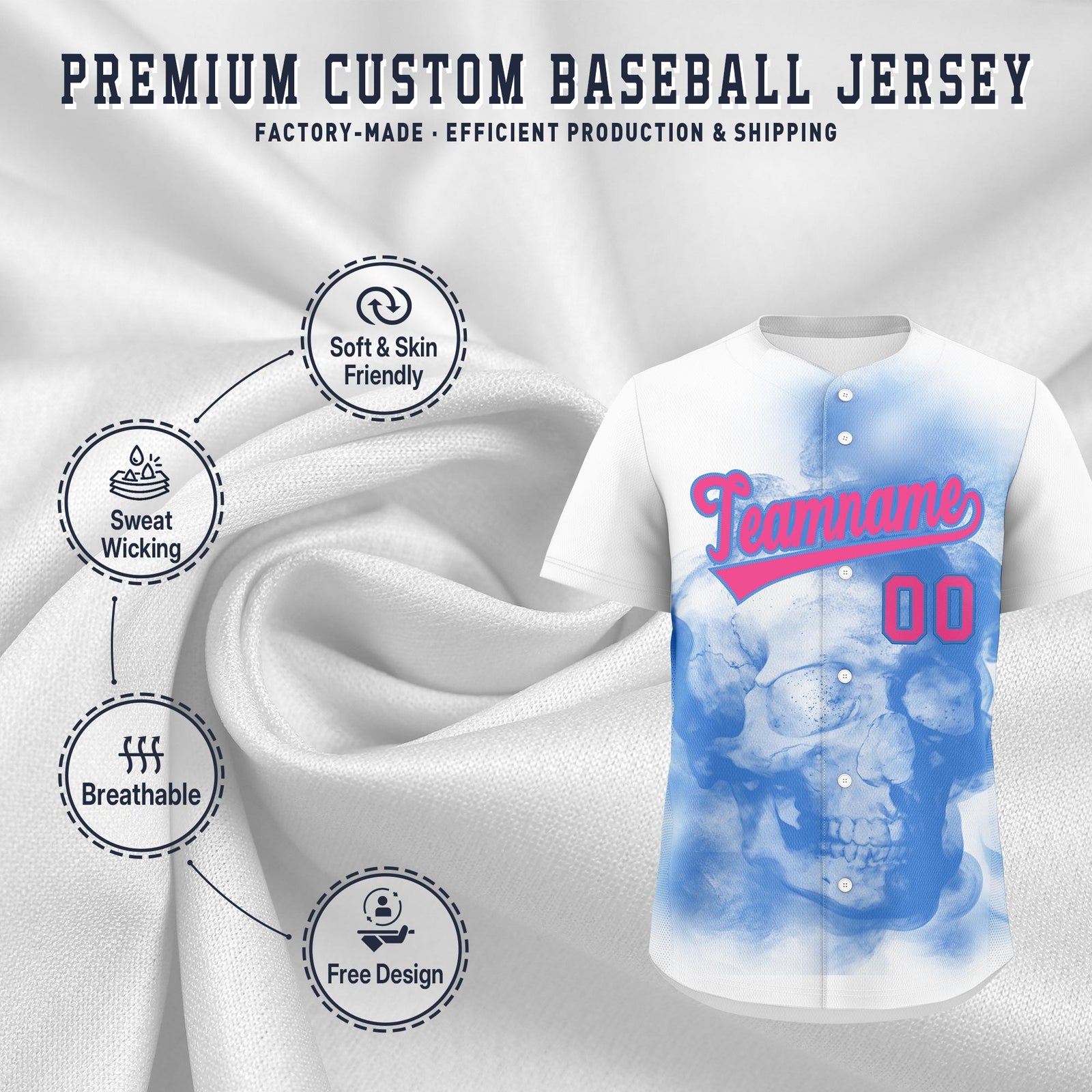 Custom White Powder Blue Pink skeleton Graffiti Pattern Quick Dry Baseball Jersey| KXKSHOP