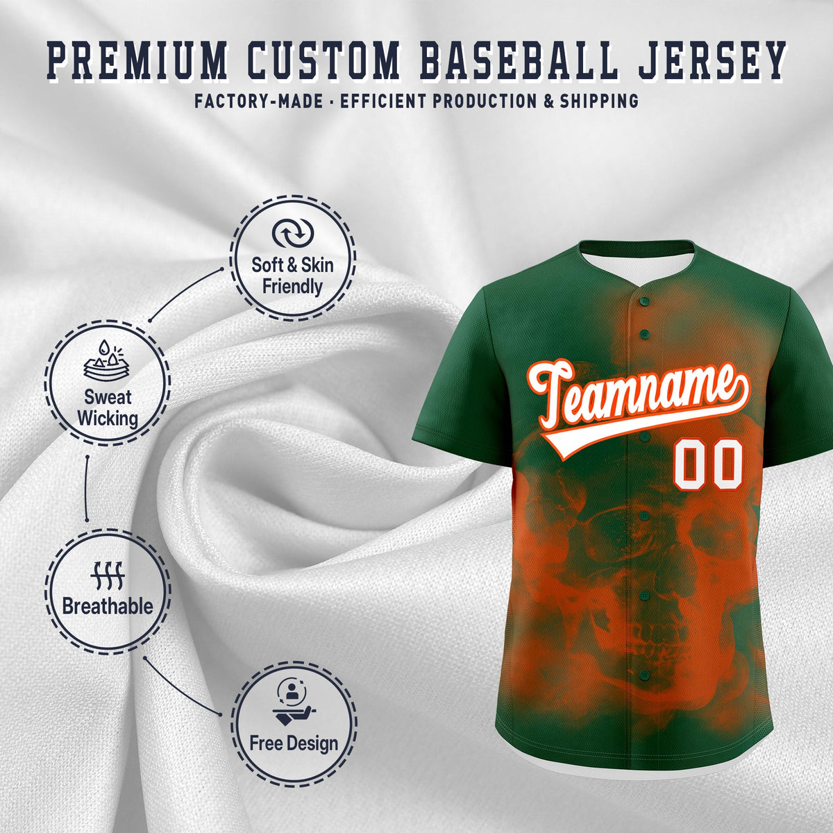 Custom Dark Green Orange White skeleton Graffiti Pattern Quick Dry Baseball Jersey| KXKSHOP