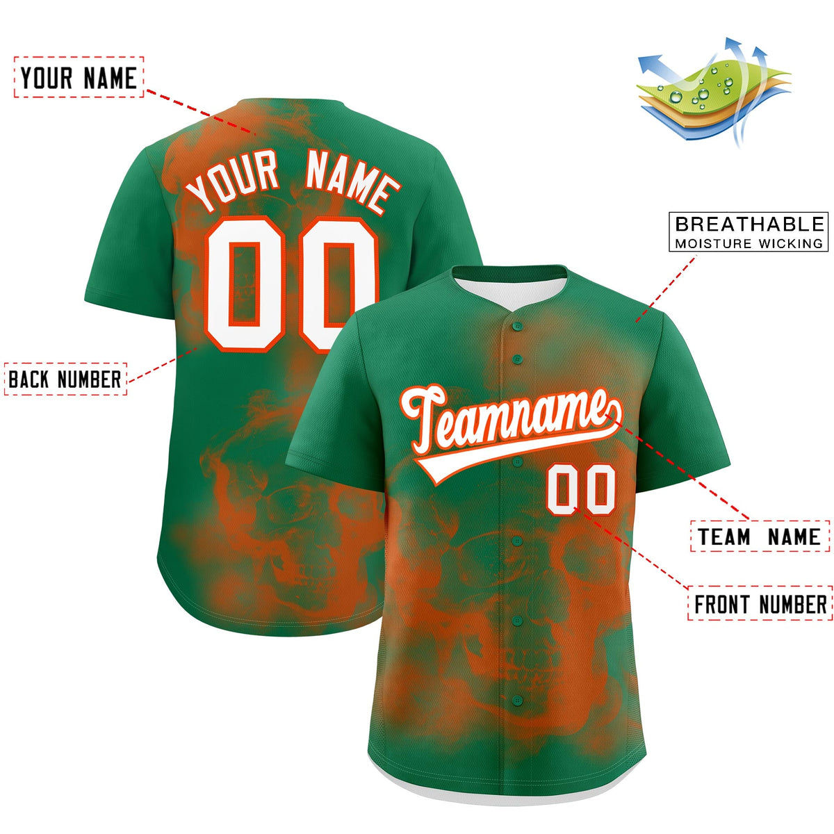 Custom Kelly Green Orange White skeleton Graffiti Pattern Lightweight Baseball Jersey| KXKSHOP