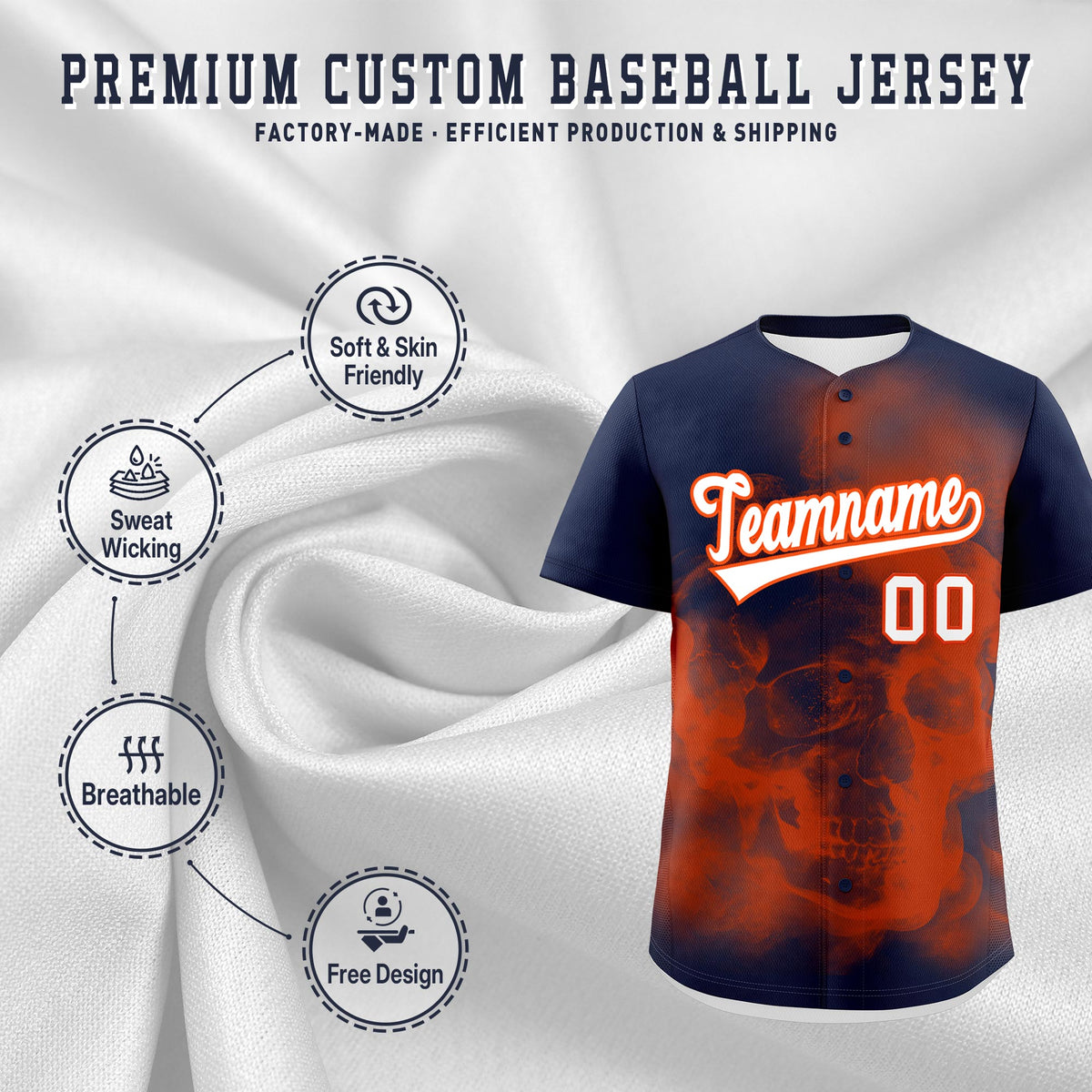 Custom Navy Orange White skeleton Graffiti Pattern Lightweight Baseball Jersey| KXKSHOP