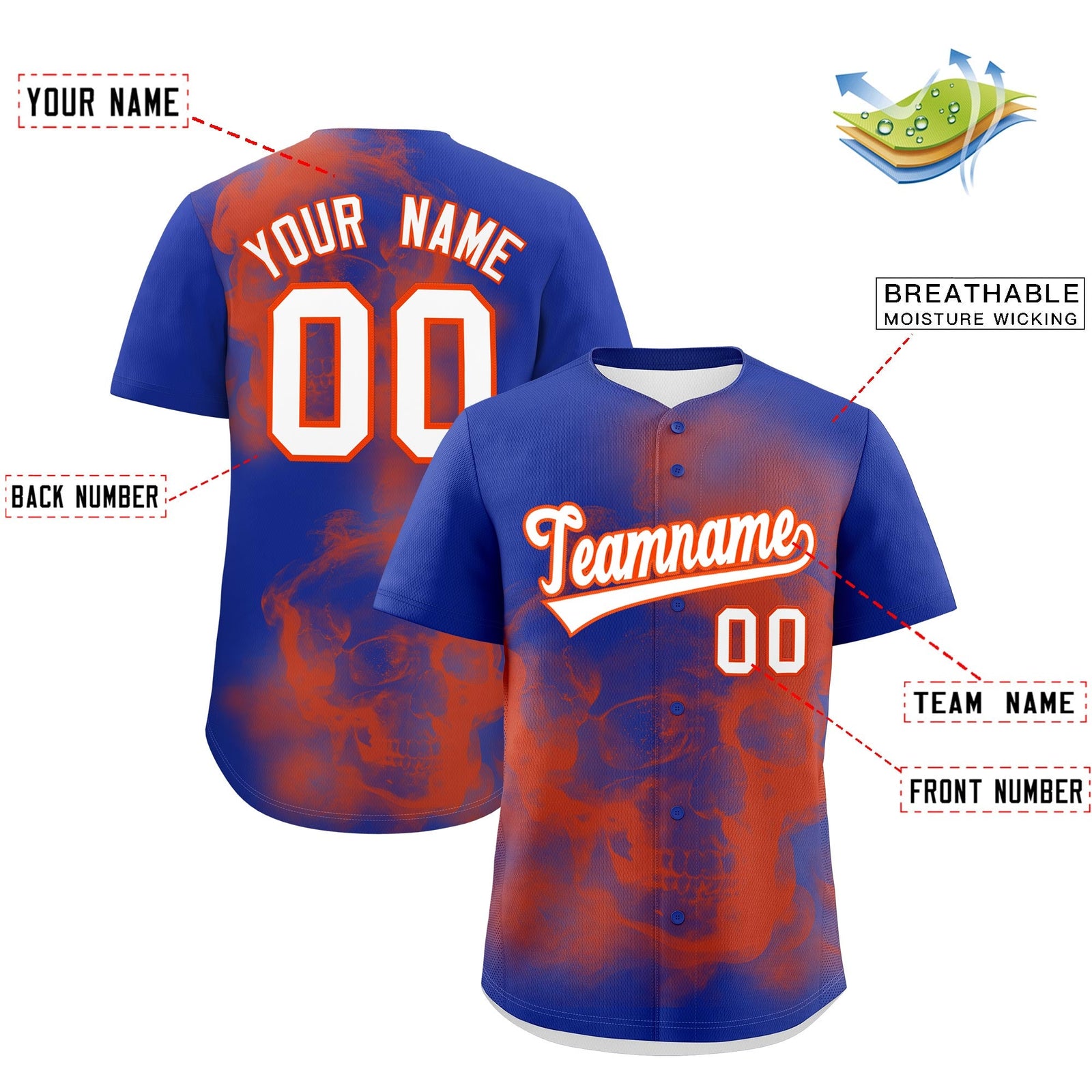 Custom Royal Blue Orange White skeleton Graffiti Pattern Quick Dry Baseball Jersey| KXKSHOP