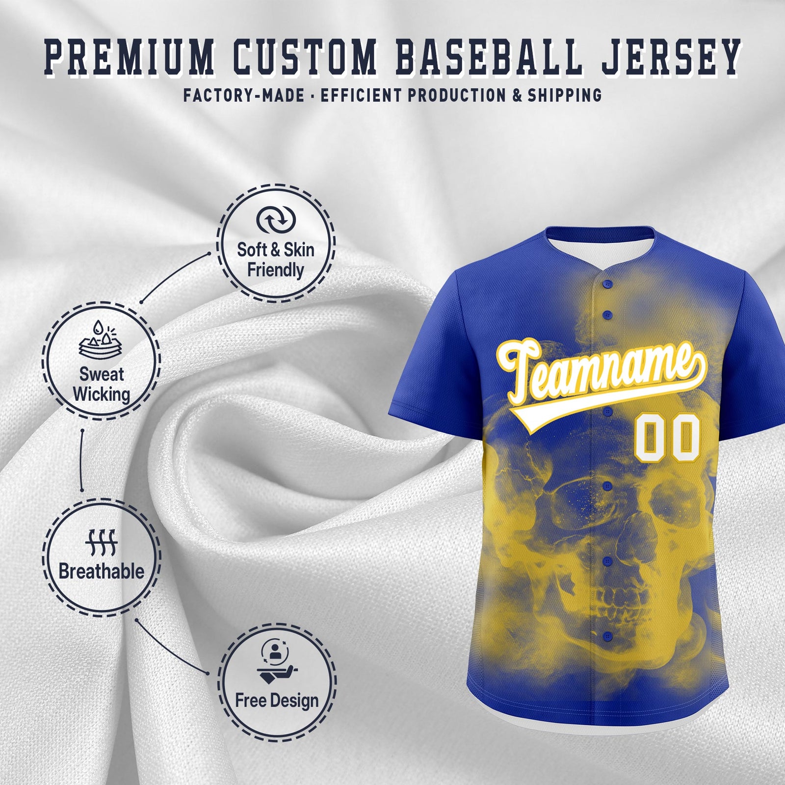 Custom Royal Blue Gold White skeleton Graffiti Pattern Lightweight Baseball Jersey| KXKSHOP