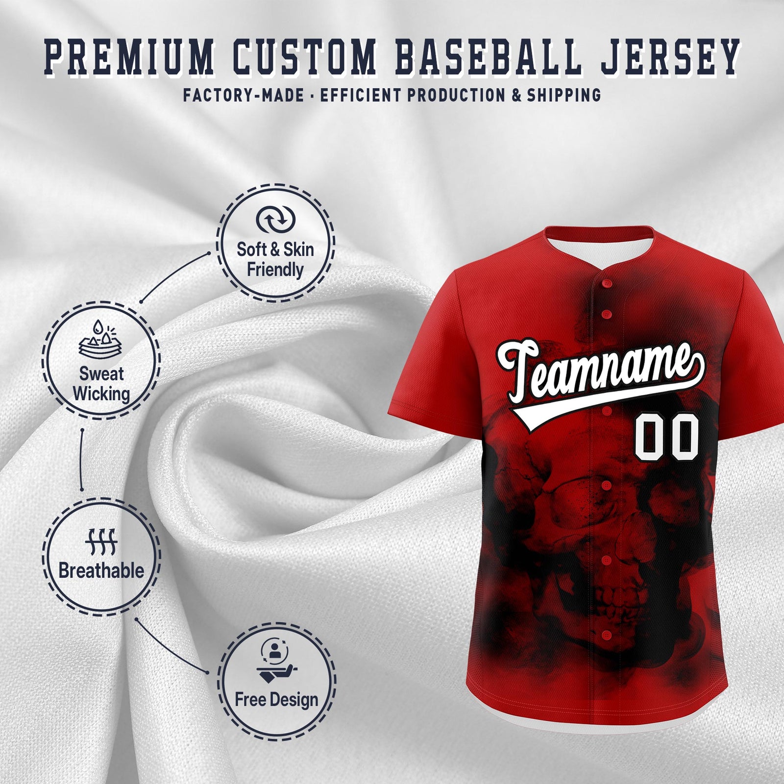 Custom Red Black White skeleton Graffiti Pattern Quick Dry Baseball Jersey| KXKSHOP