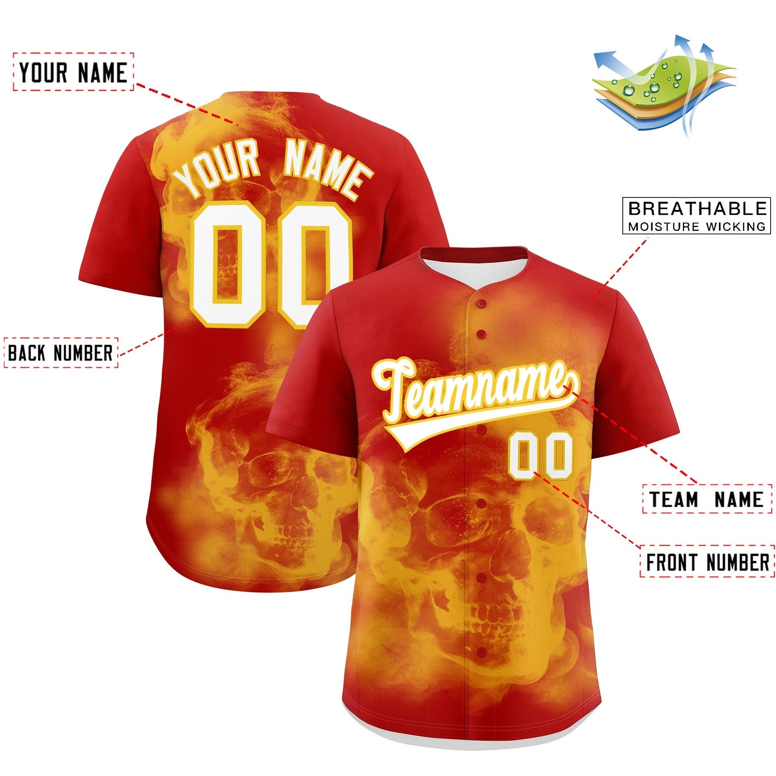 Custom Red Gold White skeleton Graffiti Pattern Quick Dry Baseball Jersey| KXKSHOP