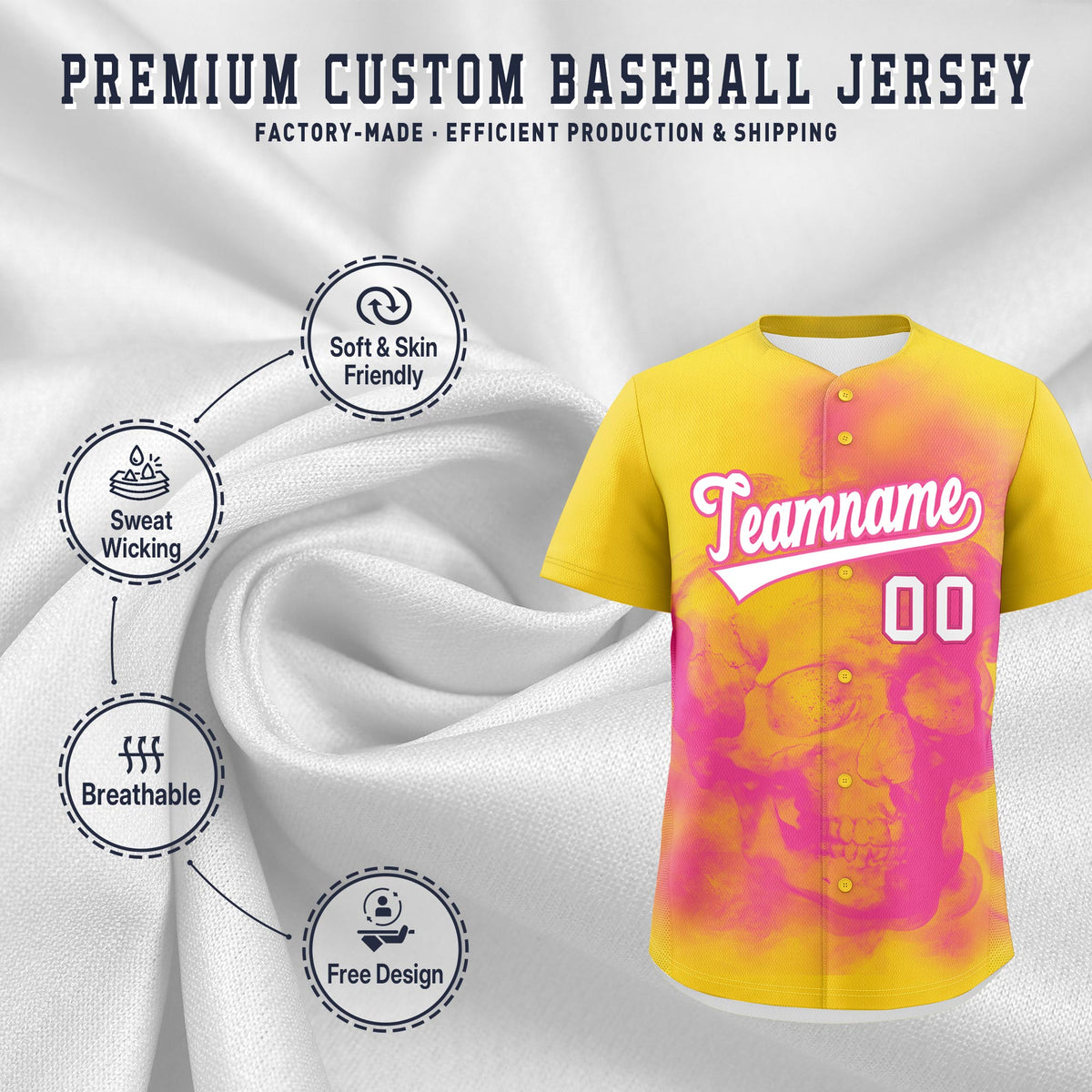 Custom Gold Pink White skeleton Graffiti Pattern Lightweight Baseball Jersey| KXKSHOP