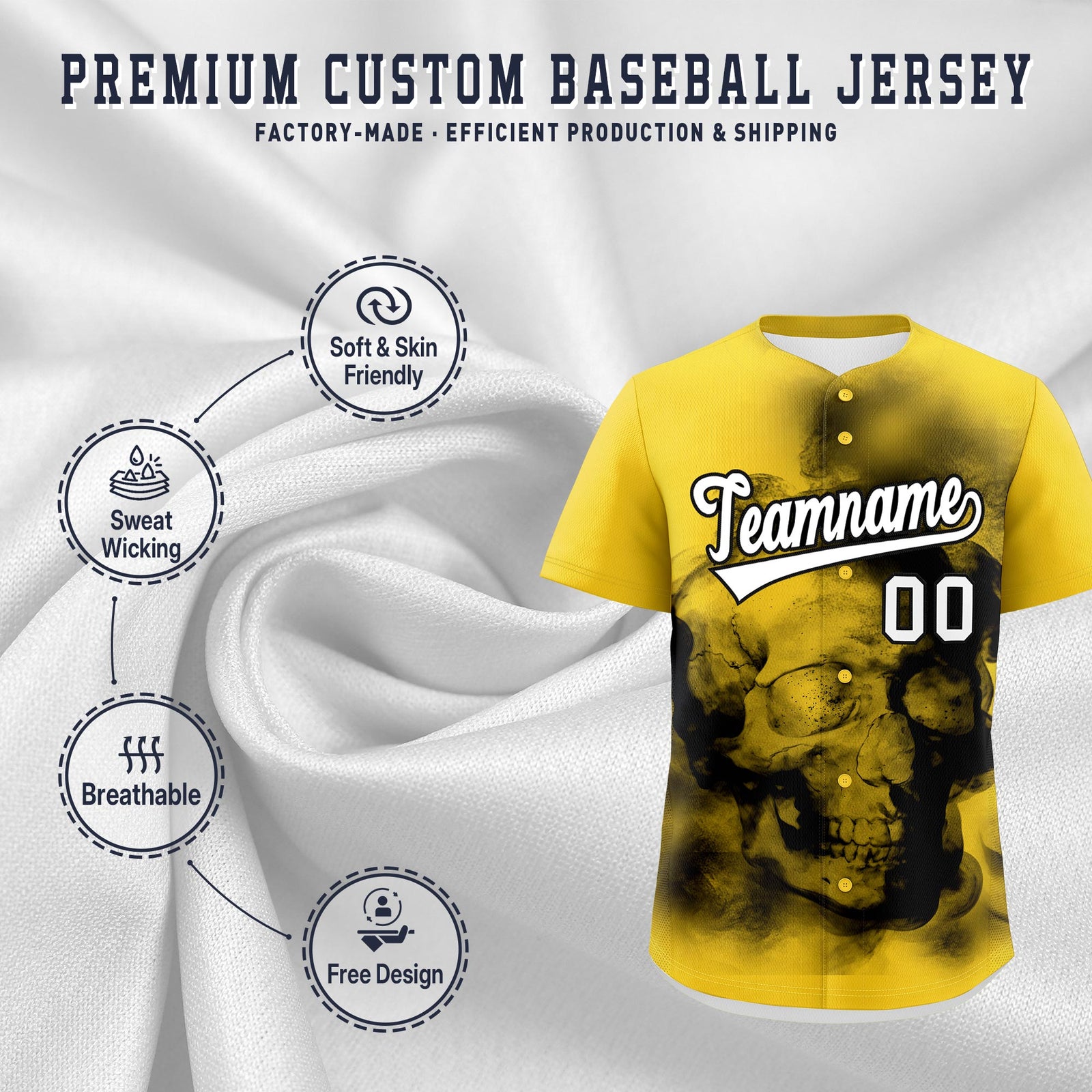 Custom Gold Black White skeleton Graffiti Pattern Quick Dry Baseball Jersey| KXKSHOP