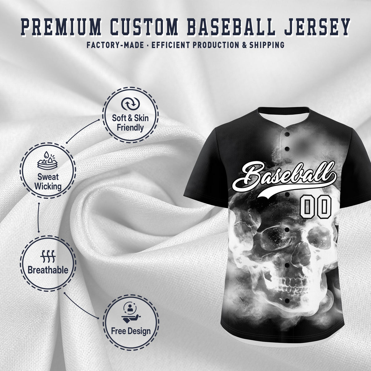 Custom Black White skeleton Graffiti Pattern Lightweight Baseball Jersey| KXKSHOP