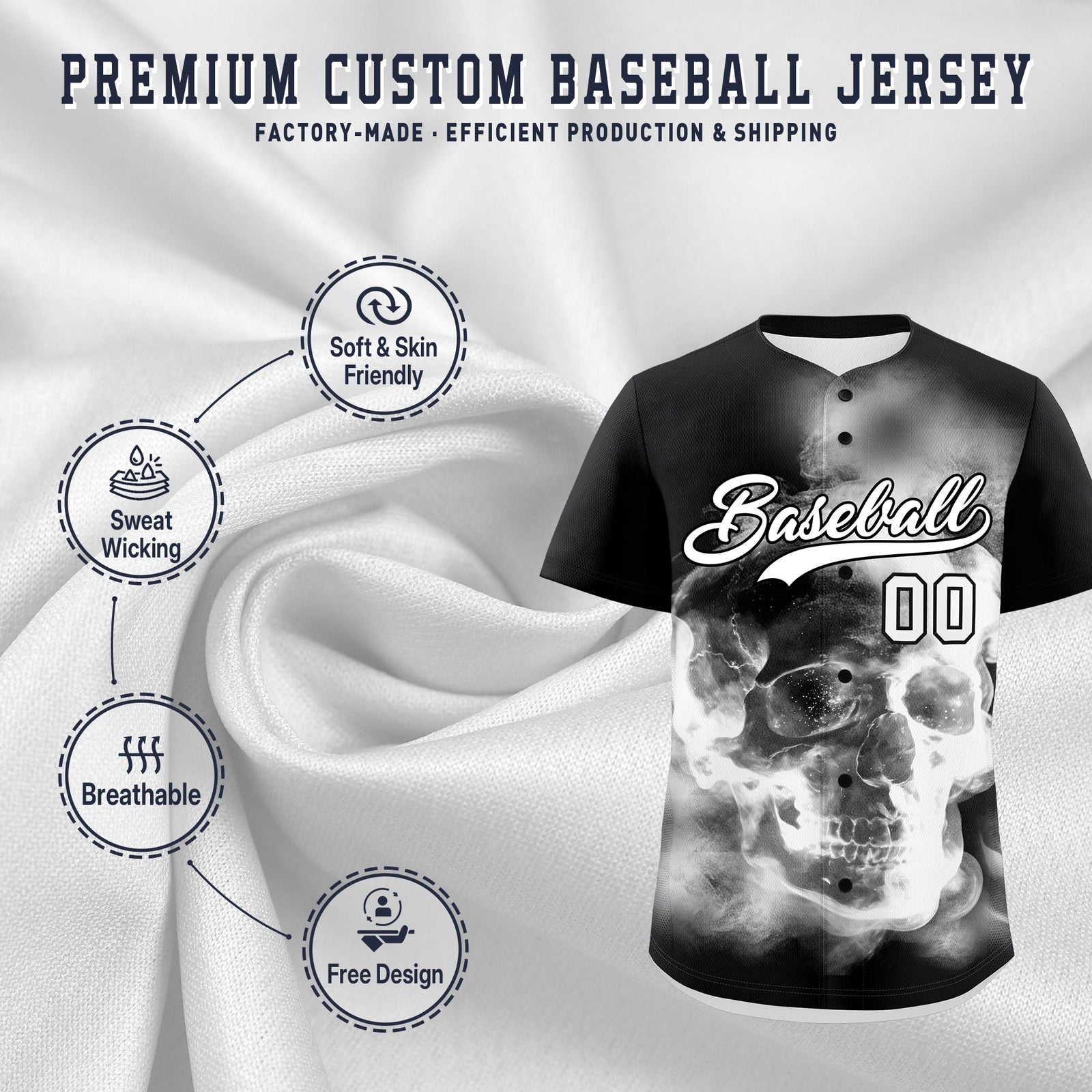 Custom Black White skeleton Graffiti Pattern Lightweight Baseball Jersey| KXKSHOP