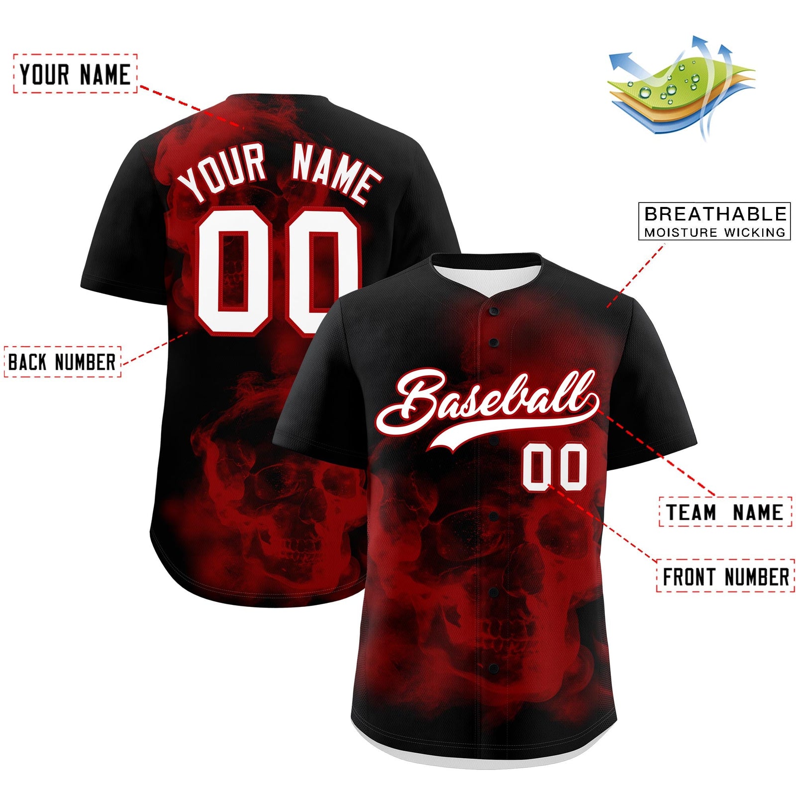 Custom Black Red White skeleton Graffiti Pattern Lightweight Baseball Jersey| KXKSHOP