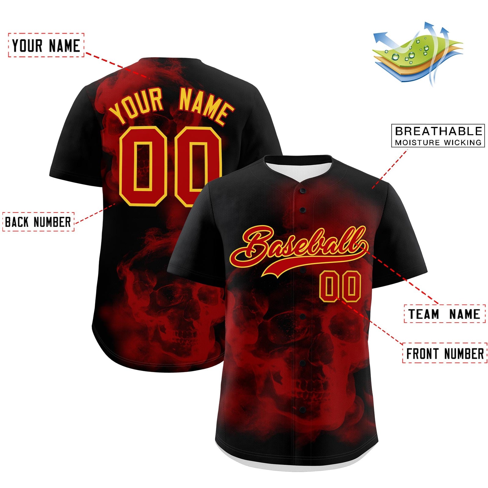 Custom Black Red Gold skeleton Graffiti Pattern Quick Dry Baseball Jersey| KXKSHOP