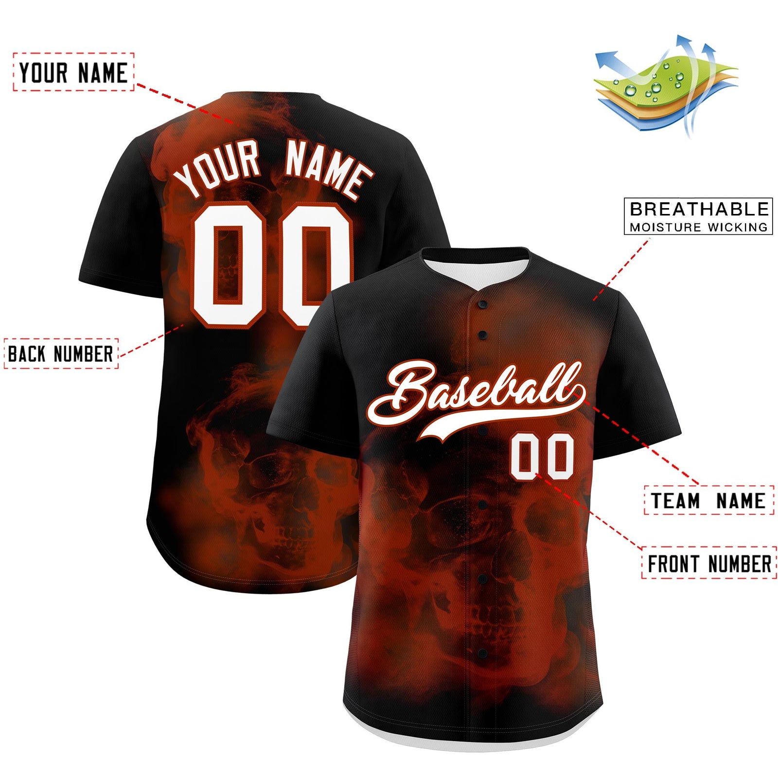 Custom Black Dark Orange White skeleton Graffiti Pattern Quick Dry Baseball Jersey| KXKSHOP