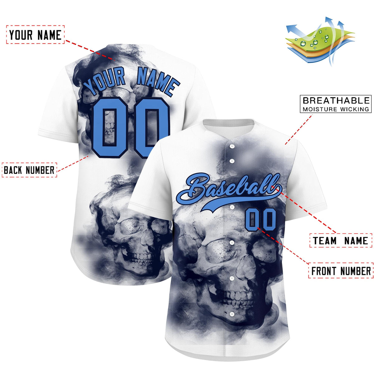 Custom White Navy Powder Blue skeleton Graffiti Pattern Lightweight Baseball Jersey| KXKSHOP
