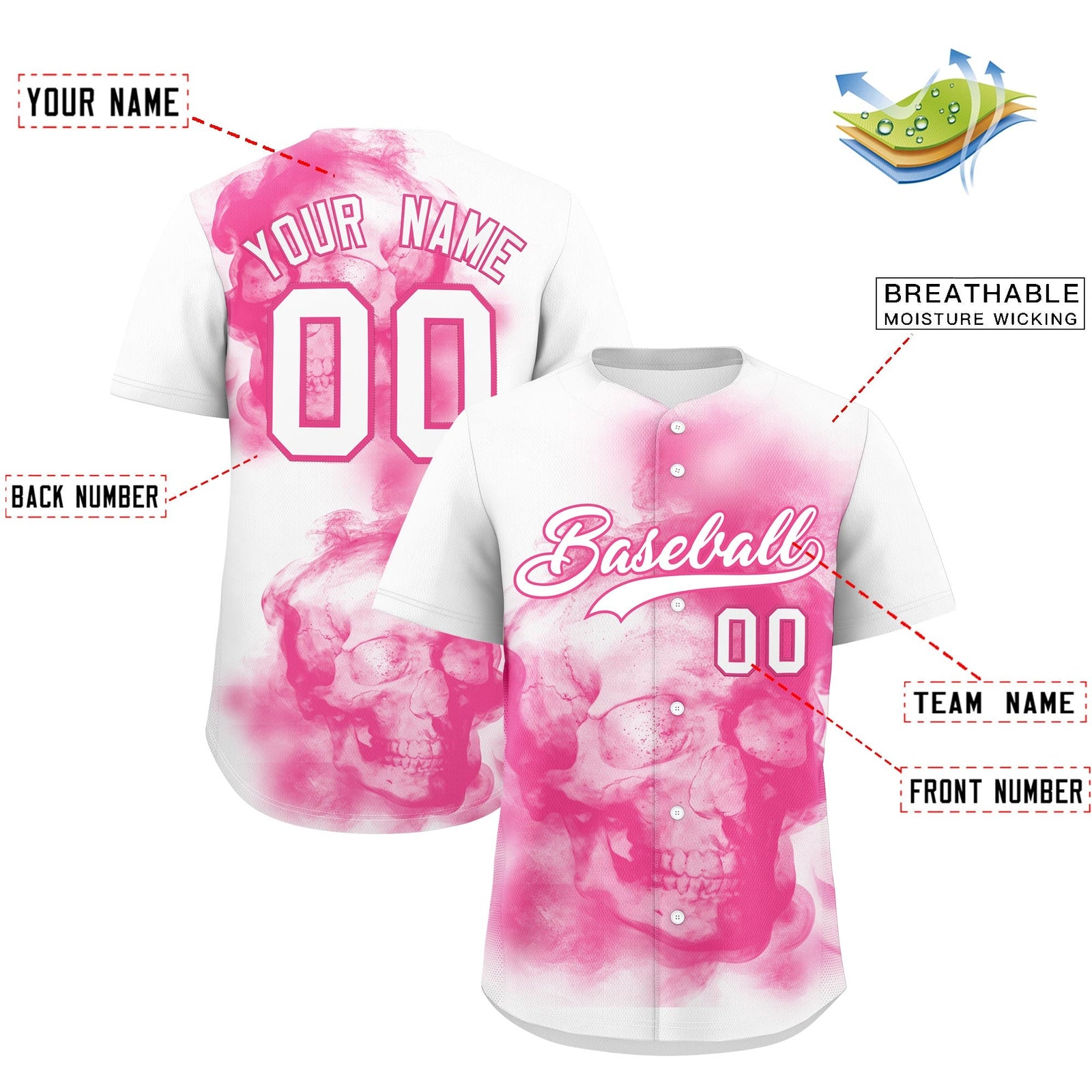 Custom White Pink skeleton Graffiti Pattern Lightweight Baseball Jersey| KXKSHOP