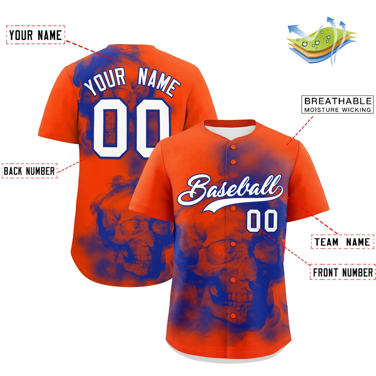 Custom Orange Royal Blue White skeleton Graffiti Pattern Lightweight Baseball Jersey| KXKSHOP