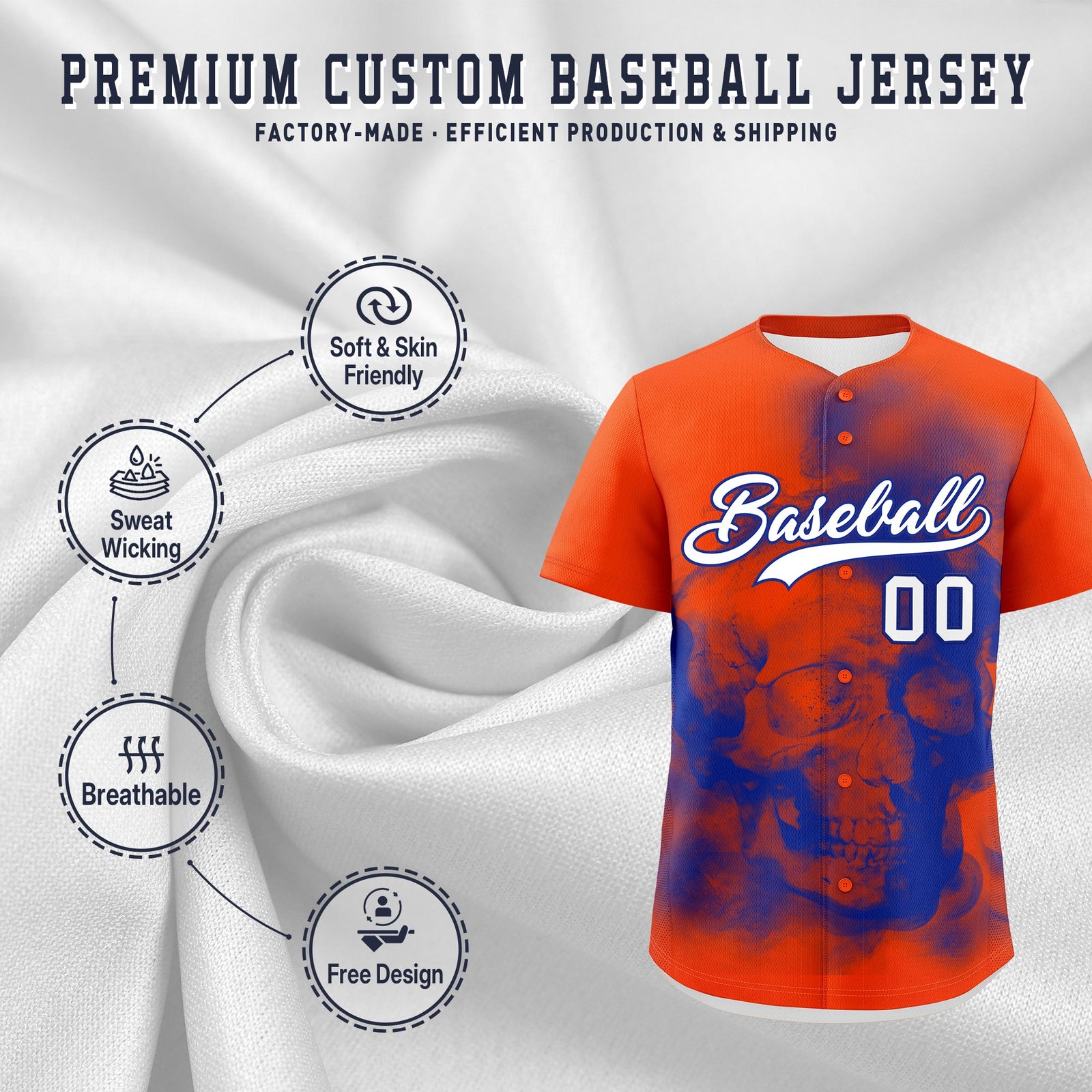 Custom Orange Royal Blue White skeleton Graffiti Pattern Lightweight Baseball Jersey| KXKSHOP