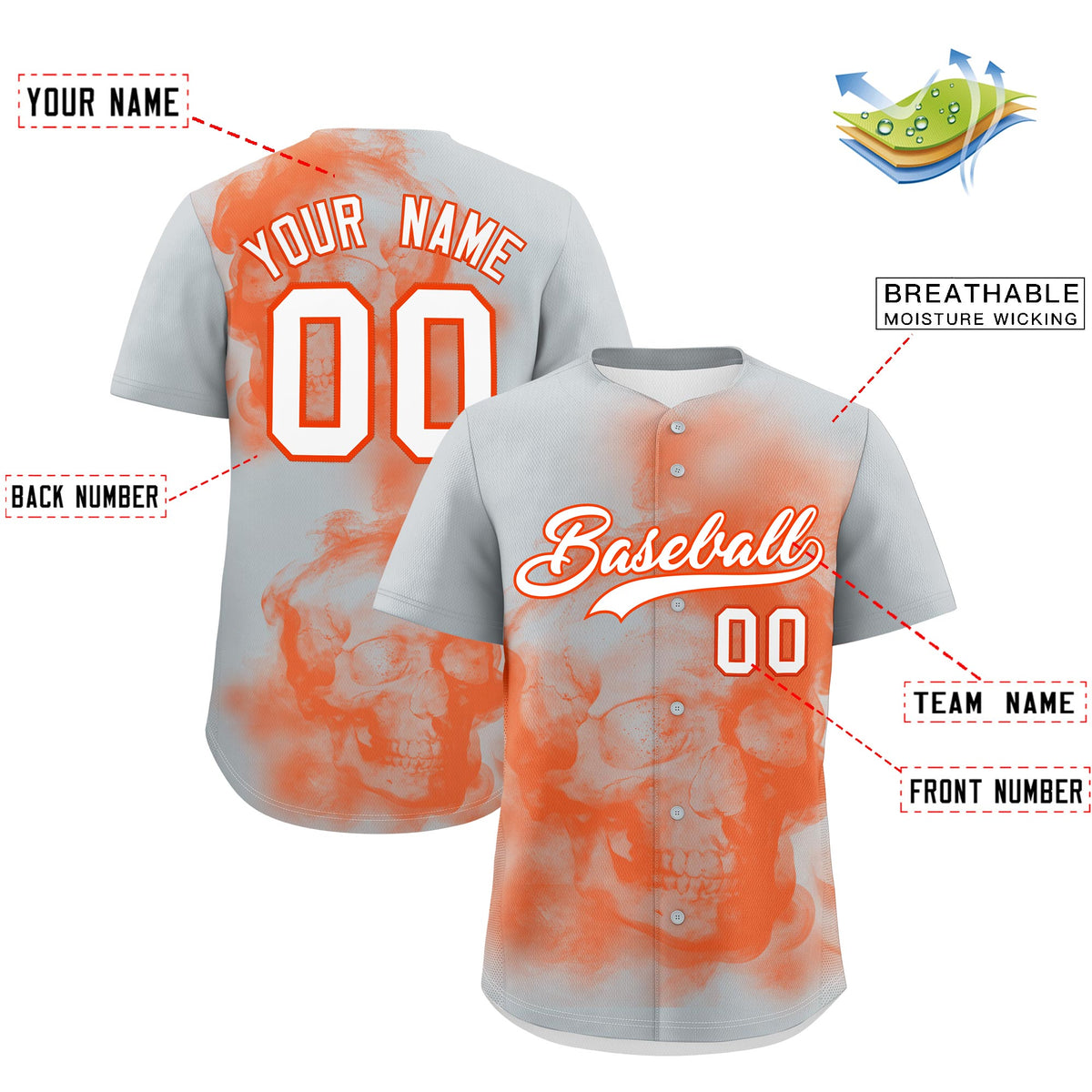 Custom Silver Orange White skeleton Graffiti Pattern Quick Dry Baseball Jersey| KXKSHOP