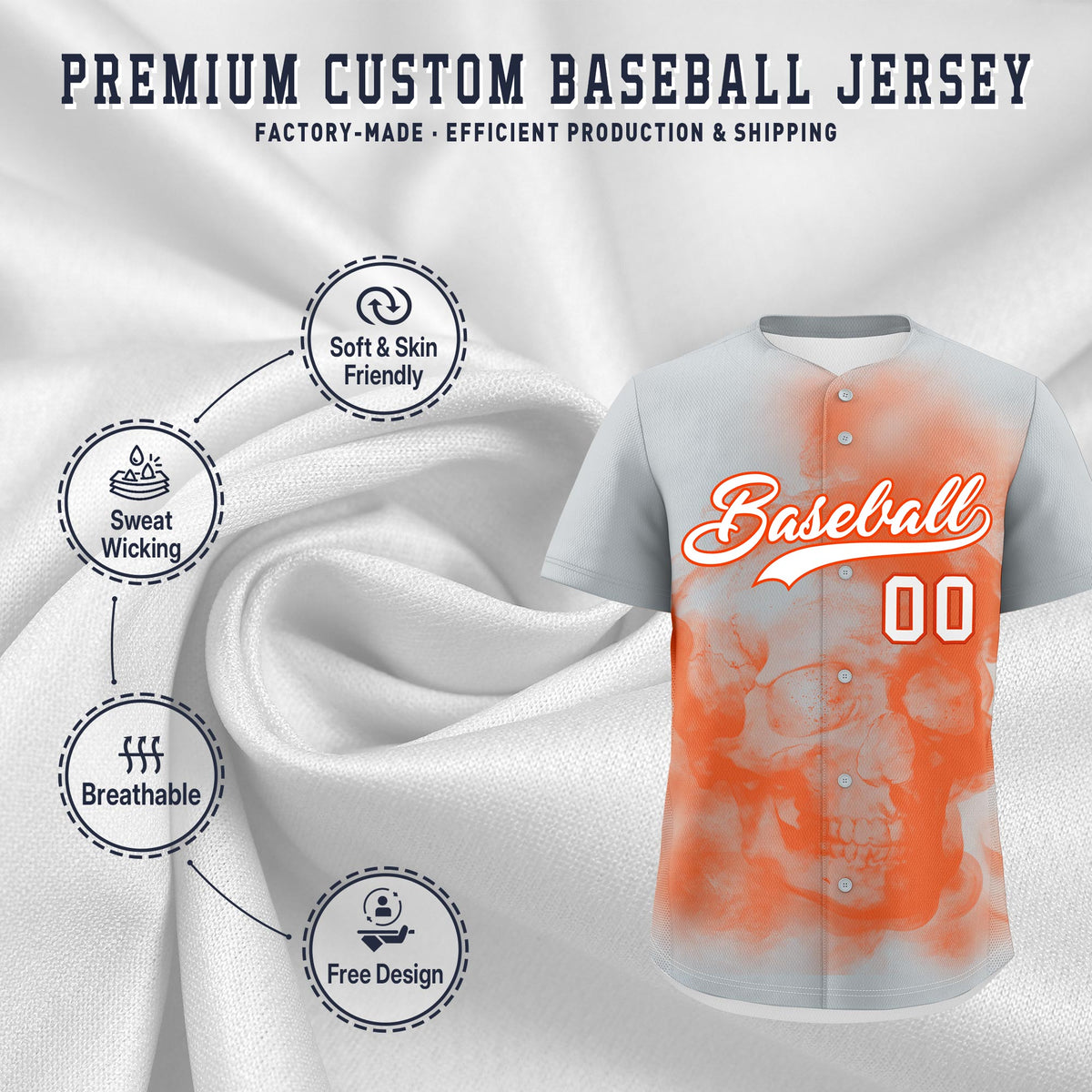Custom Silver Orange White skeleton Graffiti Pattern Quick Dry Baseball Jersey| KXKSHOP