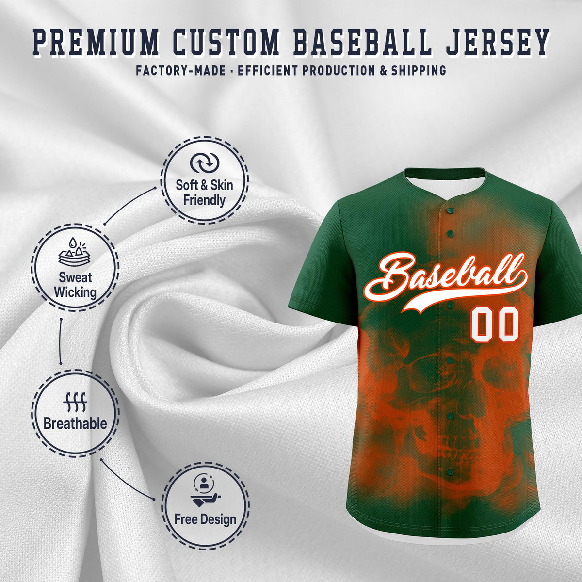 Custom Dark Green Orange White skeleton Graffiti Pattern Quick Dry Baseball Jersey| KXKSHOP