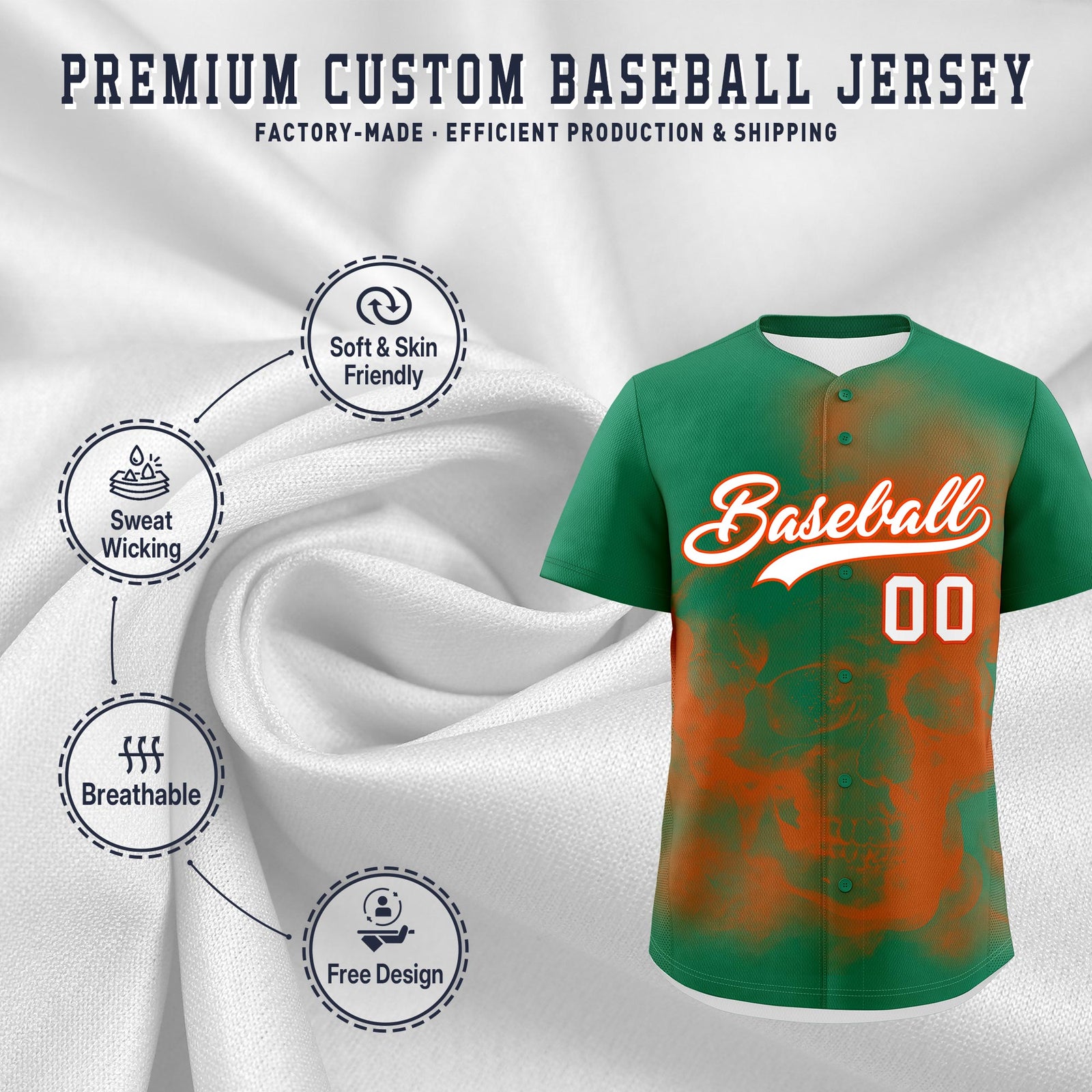 Custom Kelly Green Orange White skeleton Graffiti Pattern Lightweight Baseball Jersey| KXKSHOP