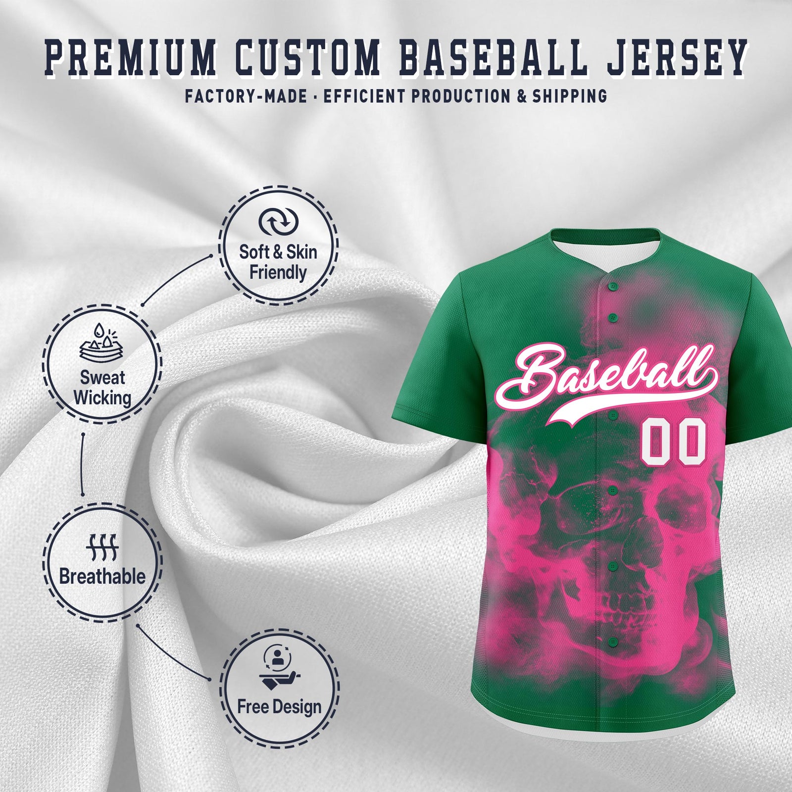 Custom Kelly Green Pink White skeleton Graffiti Pattern Quick Dry Baseball Jersey| KXKSHOP