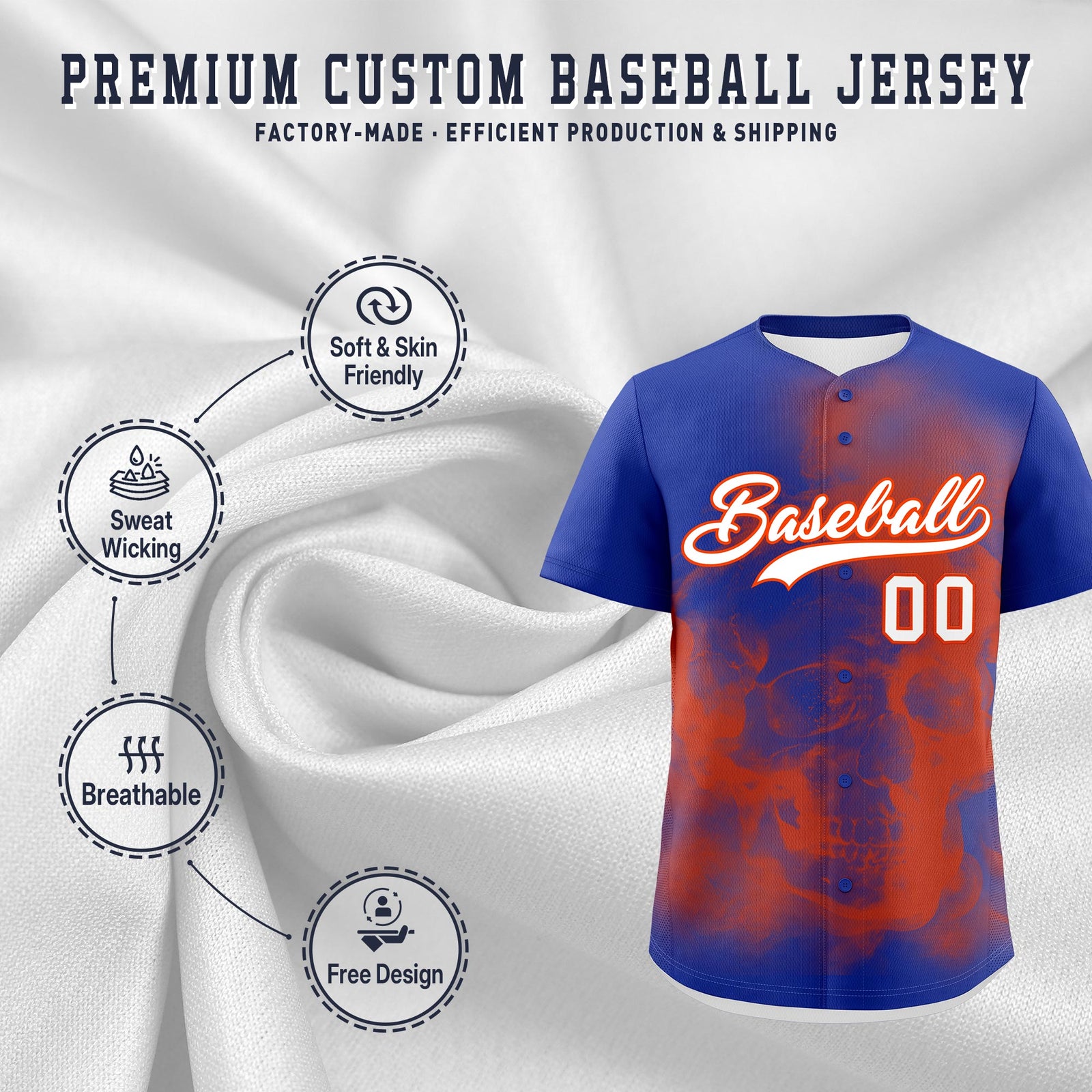 Custom Royal Blue Orange White skeleton Graffiti Pattern Quick Dry Baseball Jersey| KXKSHOP