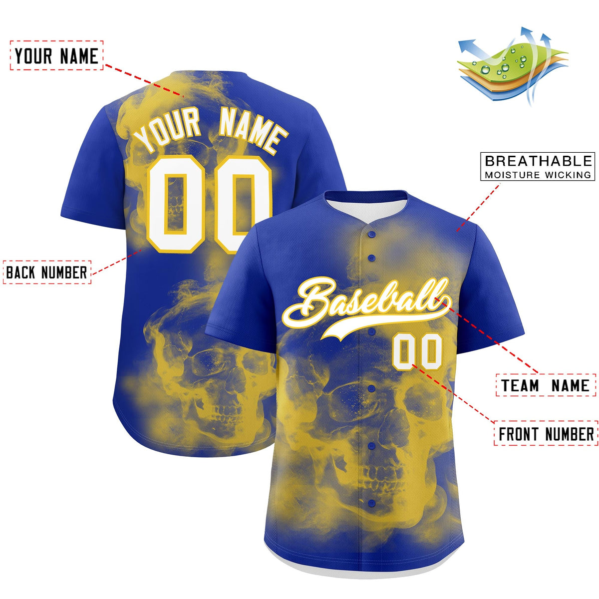 Custom Royal Blue Gold White skeleton Graffiti Pattern Lightweight Baseball Jersey| KXKSHOP
