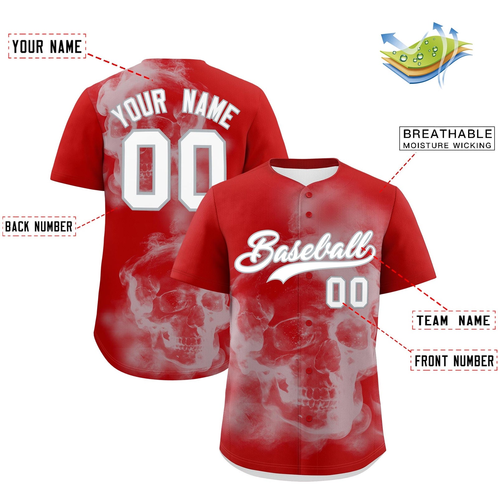 Custom Red Silver White skeleton Graffiti Pattern Lightweight Baseball Jersey| KXKSHOP