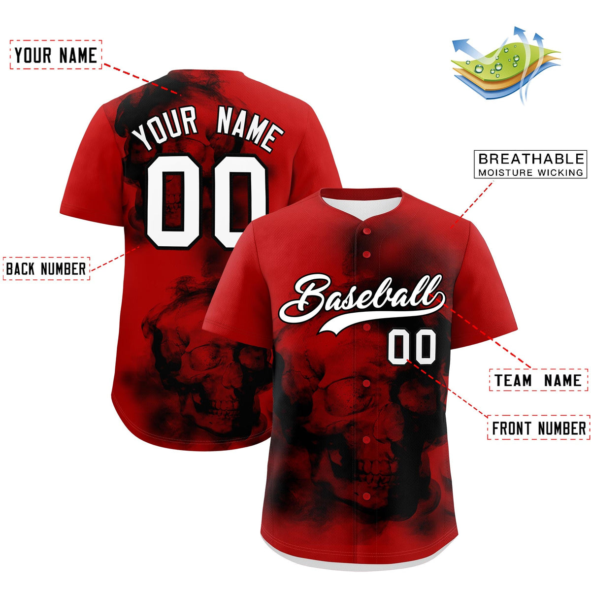 Custom Red Black White skeleton Graffiti Pattern Quick Dry Baseball Jersey| KXKSHOP