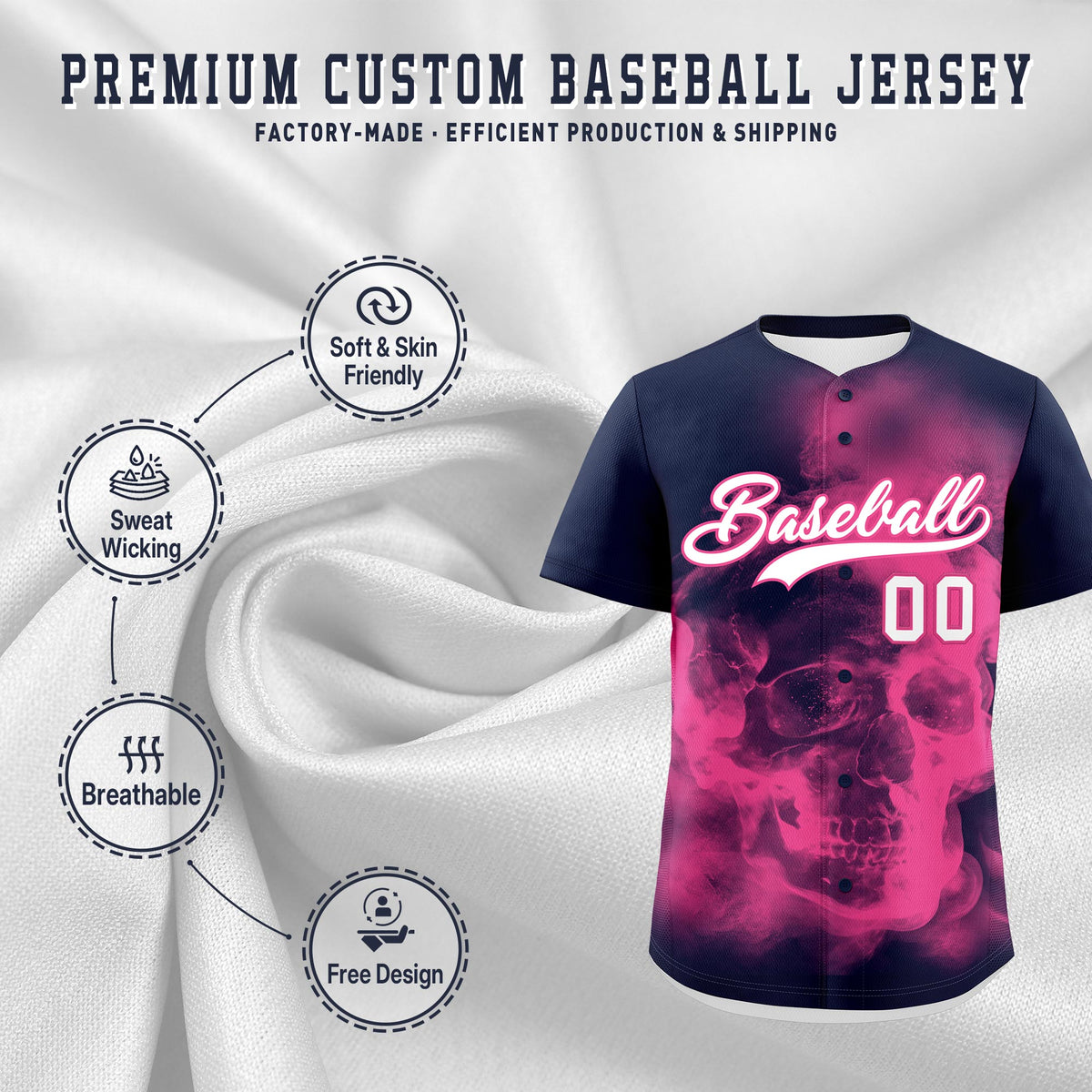 Custom Navy Pink White skeleton Graffiti Pattern Quick Dry Baseball Jersey| KXKSHOP