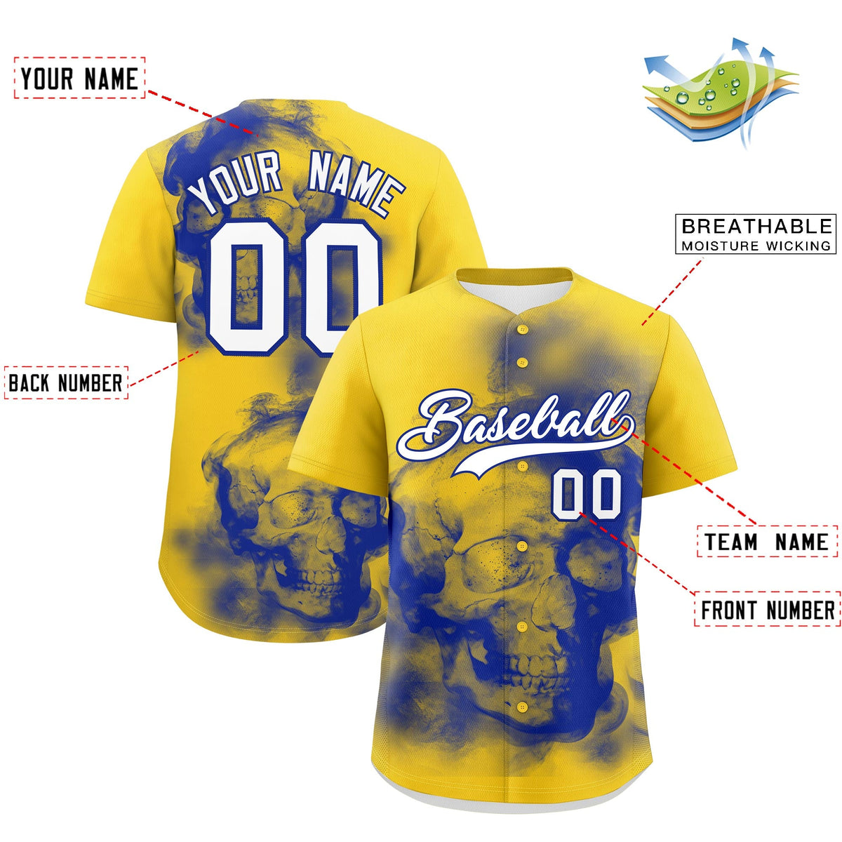 Custom Gold Royal Blue White skeleton Graffiti Pattern Lightweight Baseball Jersey| KXKSHOP